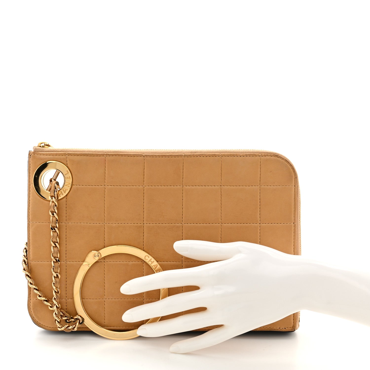 Lambskin Quilted Chocolate Bar Wristlet Beige