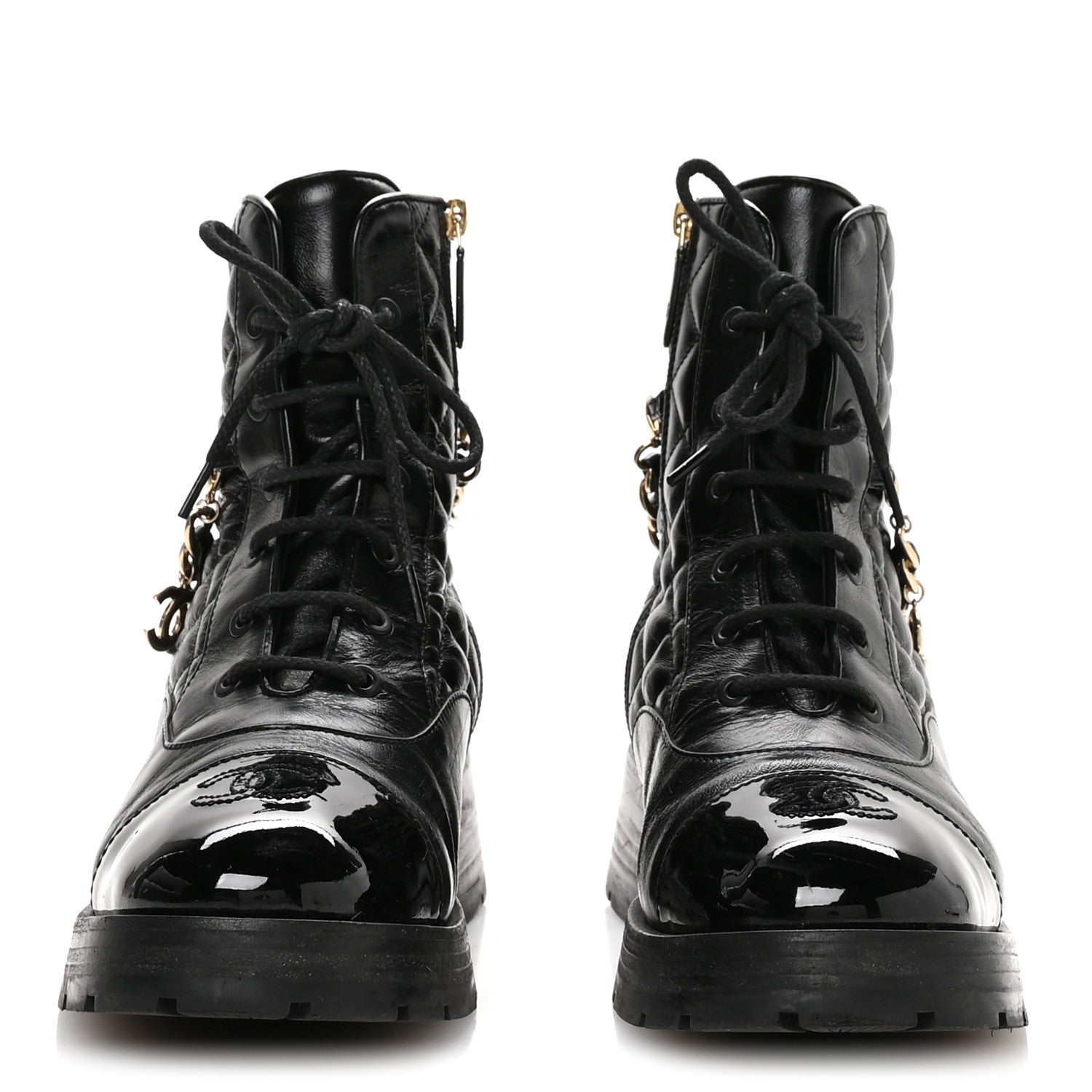 Shiny Calfskin Patent Quilted Chain Lace Up Combat Boots 40.5 Black
