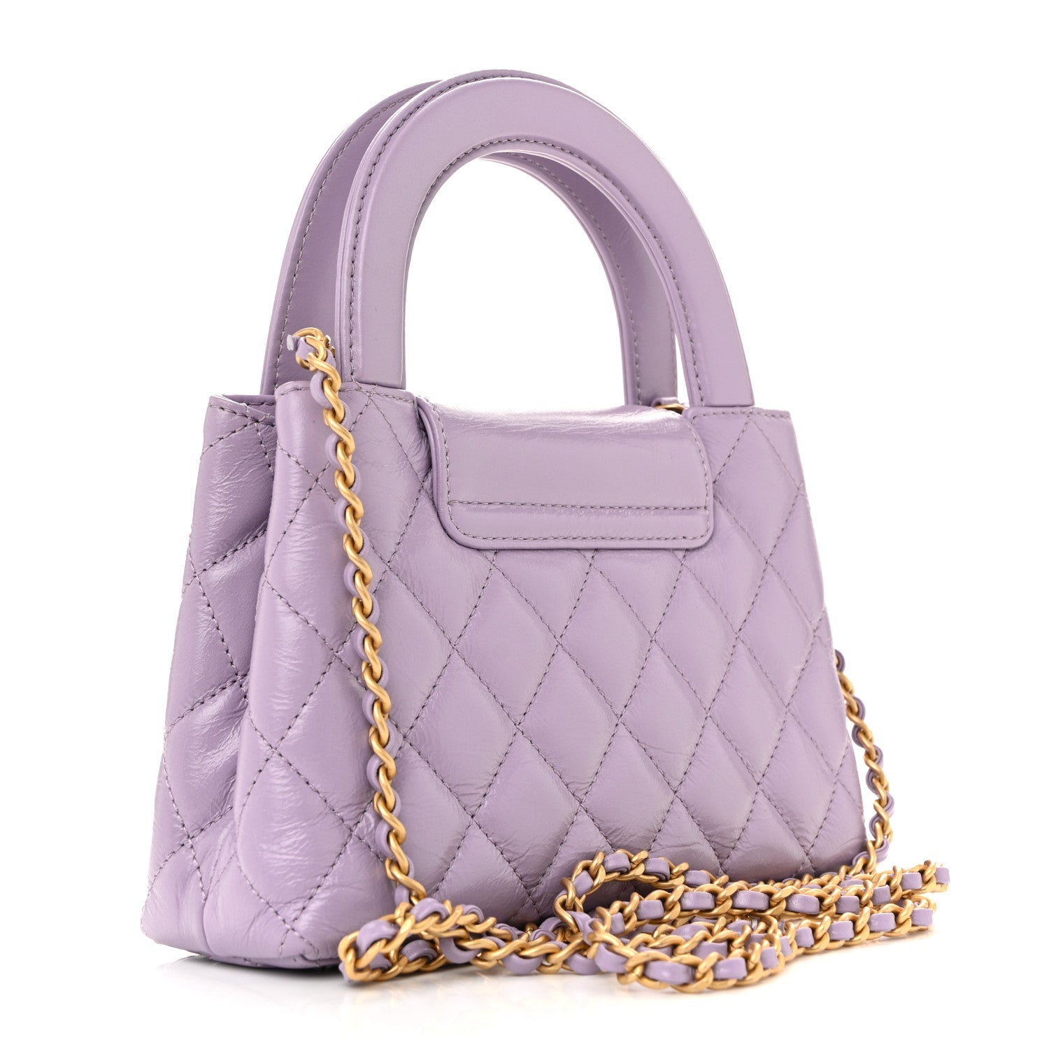 Shiny Aged Calfskin Quilted Nano Kelly Shopper Lilac