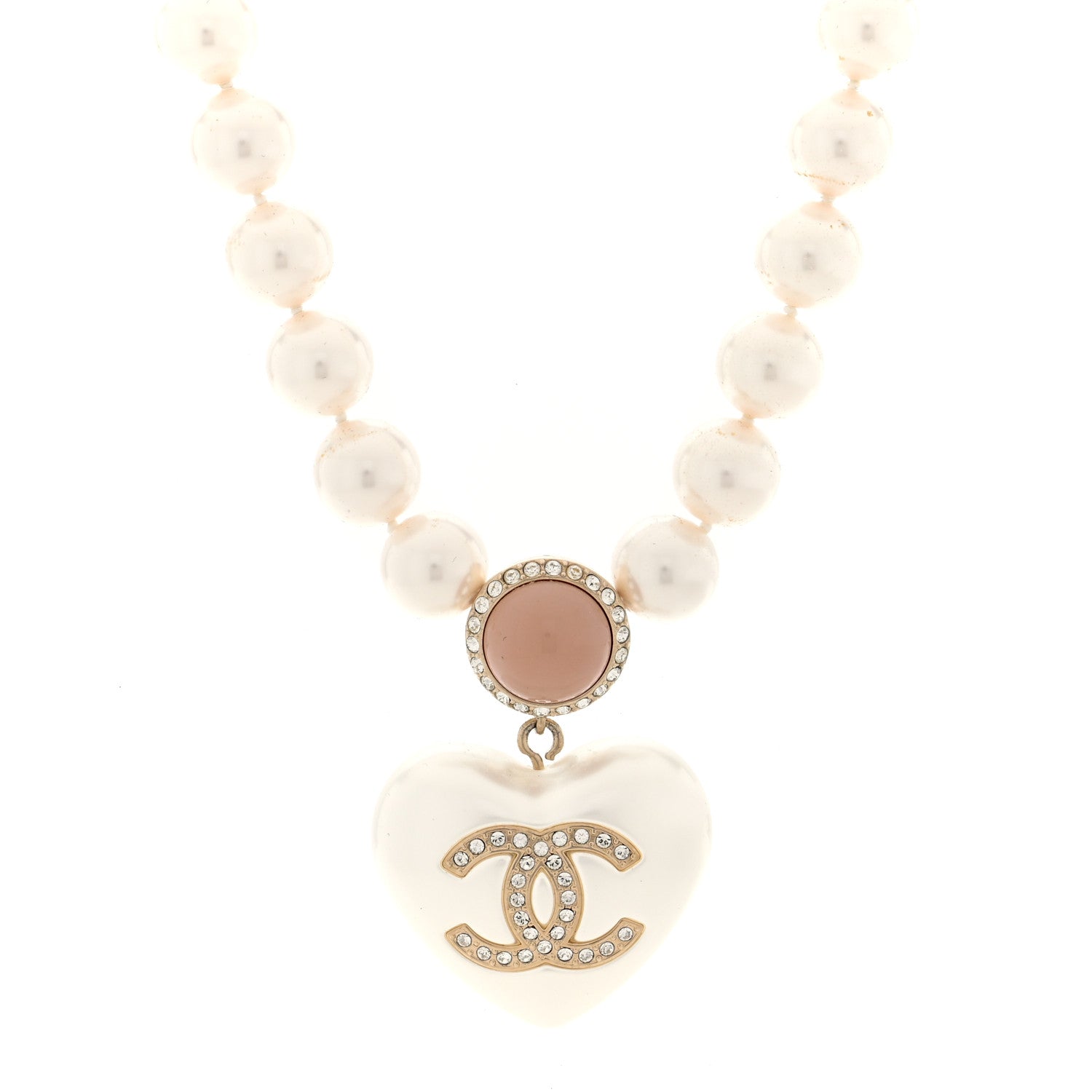 Pearl Crystal CC Heart Short Necklace Gold Pearly White Pink