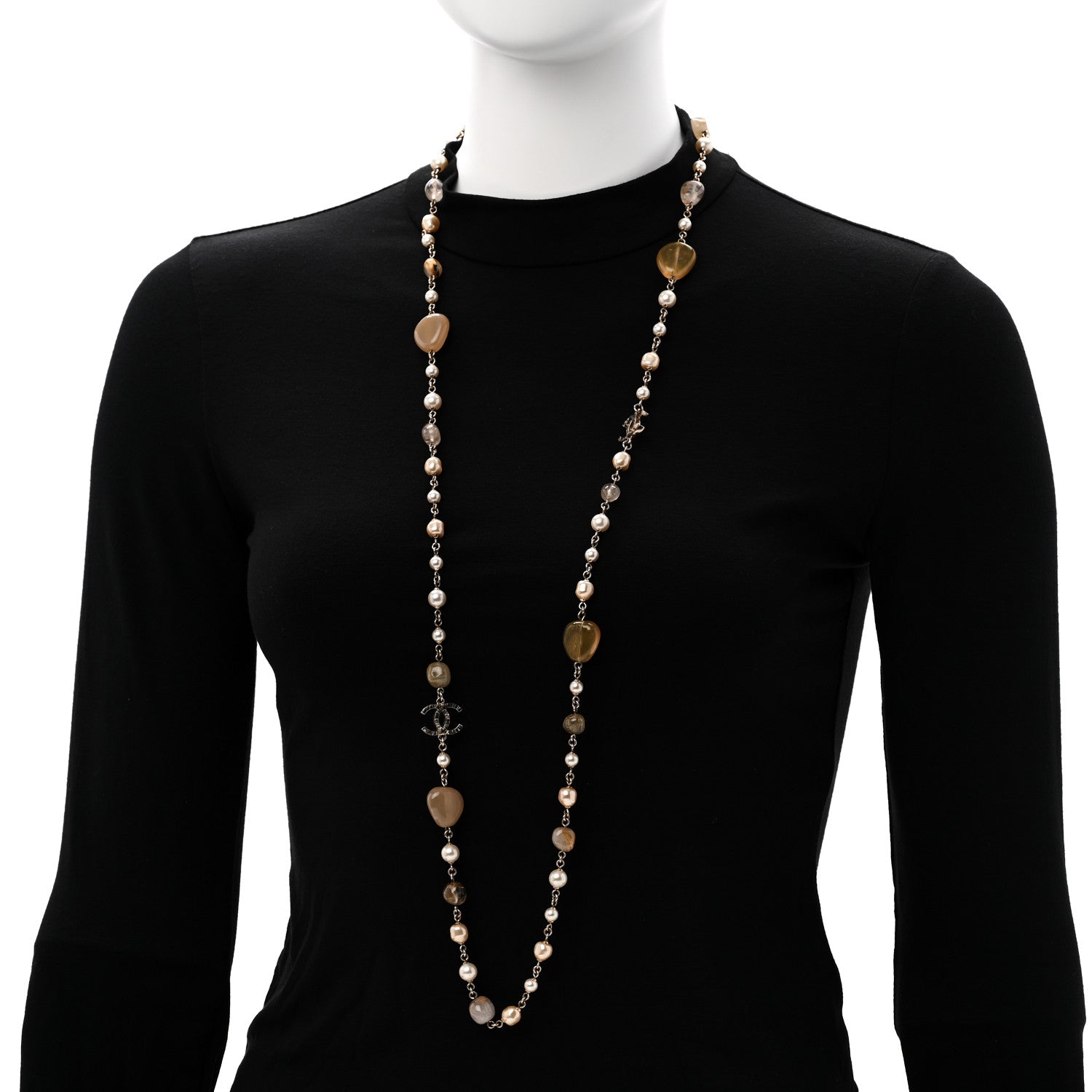 Pearl Glass Bead CC Long Necklace Gold
