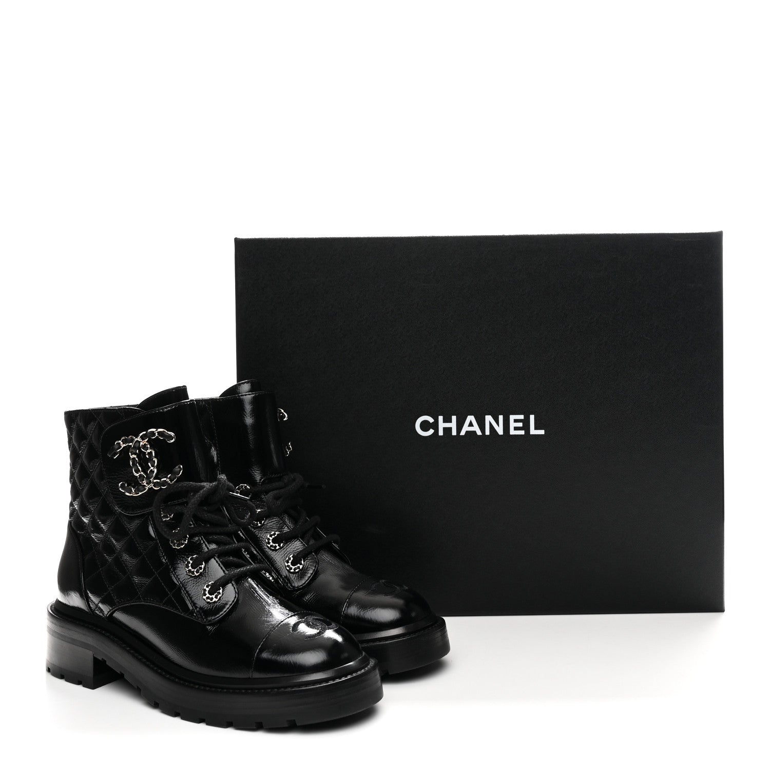 Shiny Calfskin Quilted Lace Up Combat Boots 36.5 Black