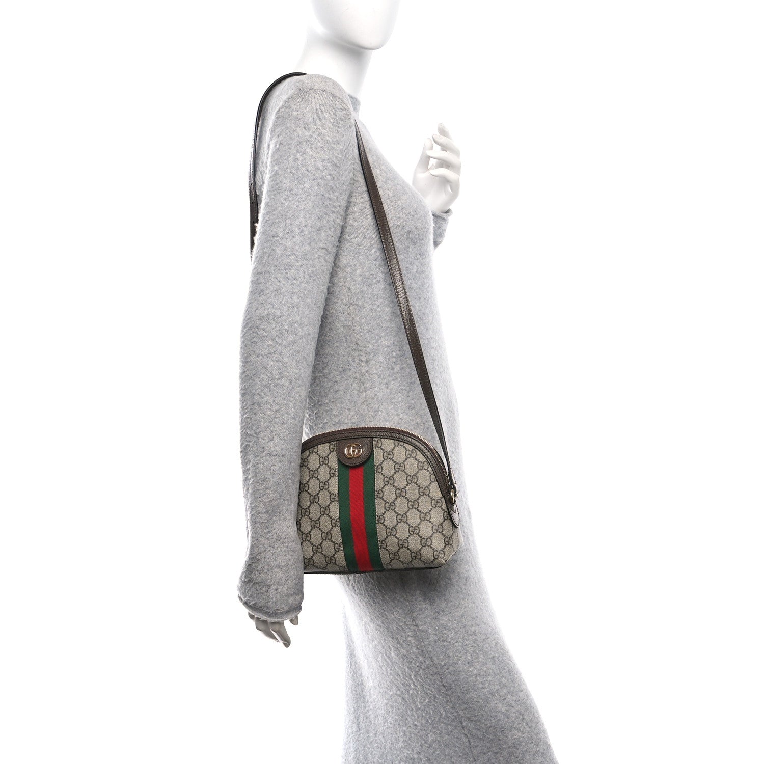 GG Supreme Monogram Textured Dollar Calfskin Web Small Ophidia Dome Shoulder Bag Beige Ebony New Acero