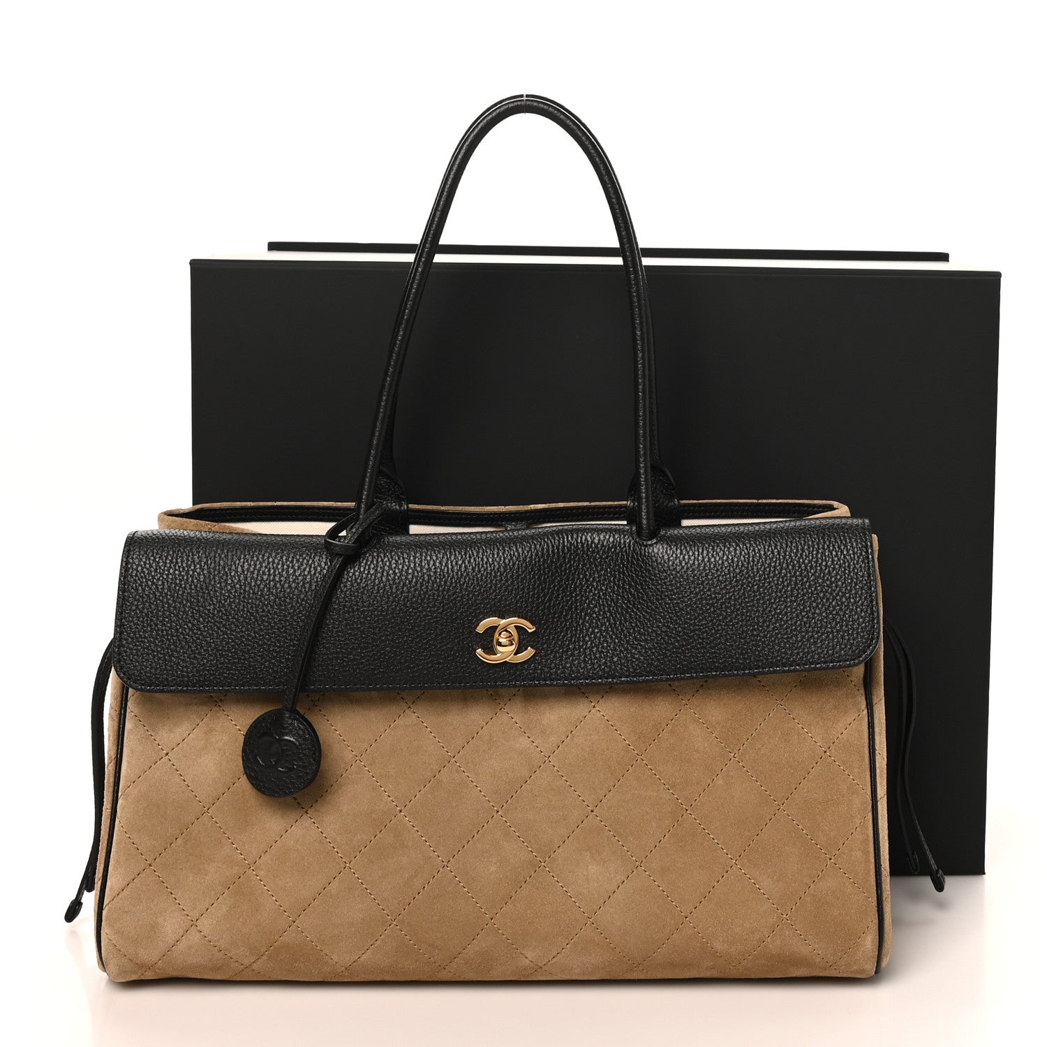 Grained Calfskin Suede Urban Essentials Shopping Bag Beige Black