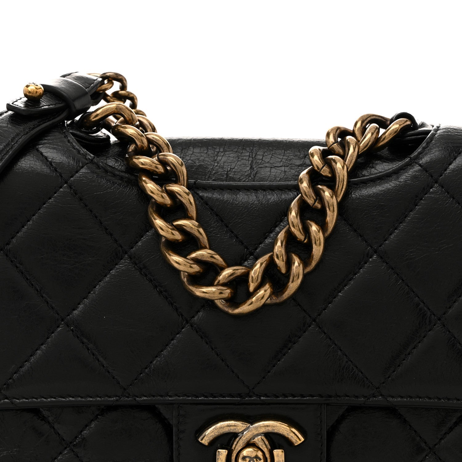Glazed Calfskin Quilted Large Perfect Edge Flap Black