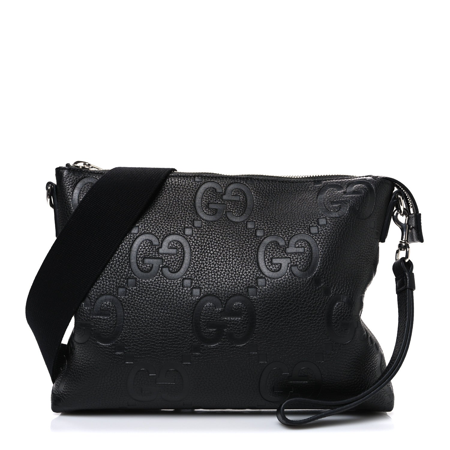 Piuma Calfskin Jumbo GG Embossed Medium Wristlet Messenger Bag Black
