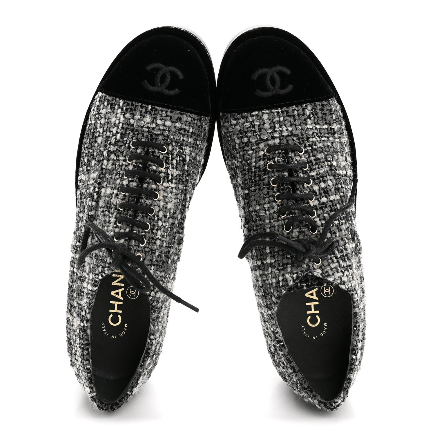 Tweed Suede CC Lace Up Oxfords 38.5 Grey Black