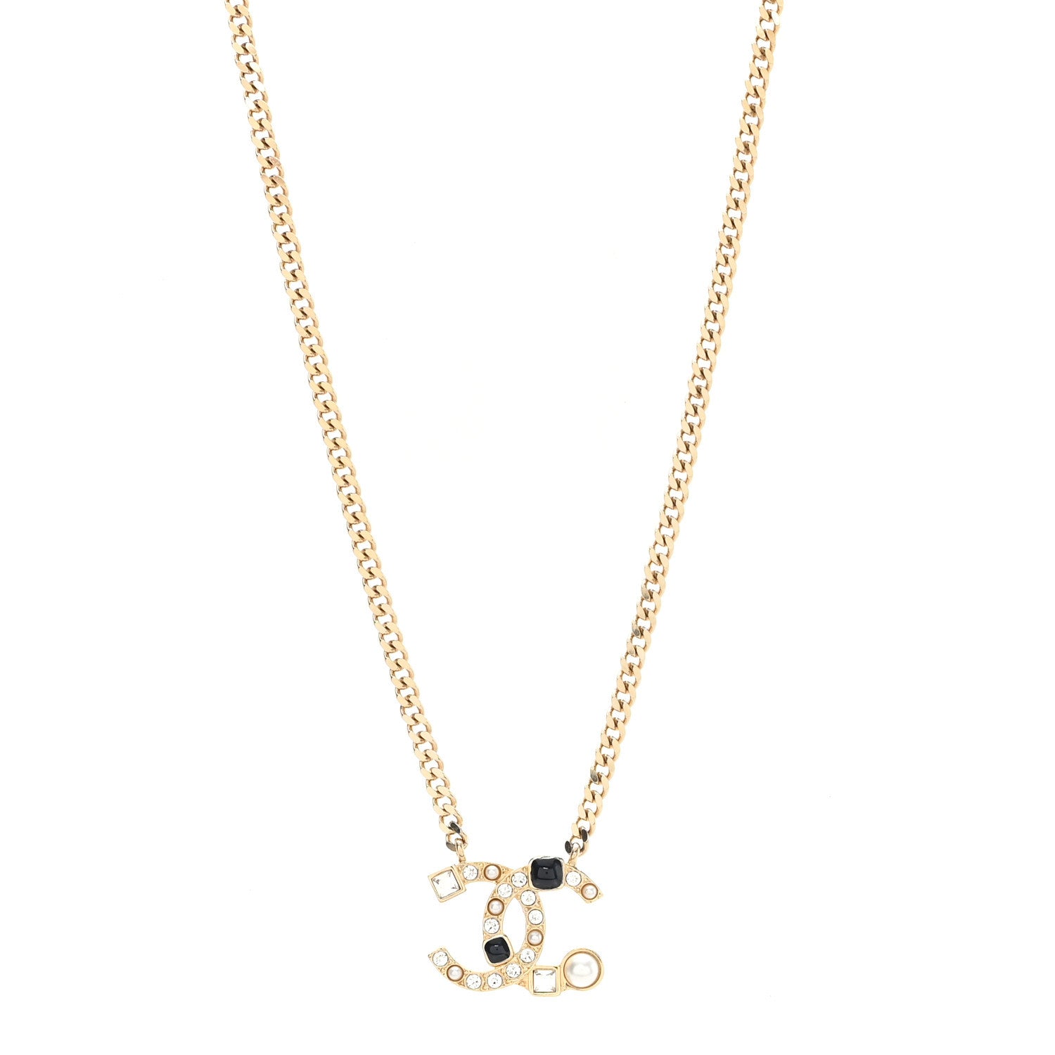 Crystal Pearl Resin CC Chain Necklace Gold Pearly White Black