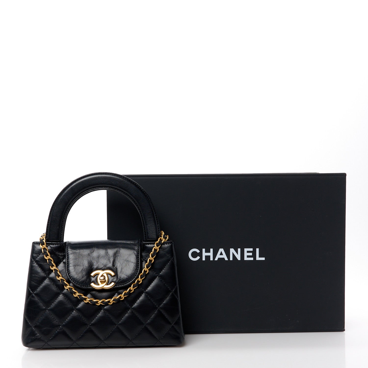 Shiny Aged Calfskin Quilted Nano Kelly Shopper Black