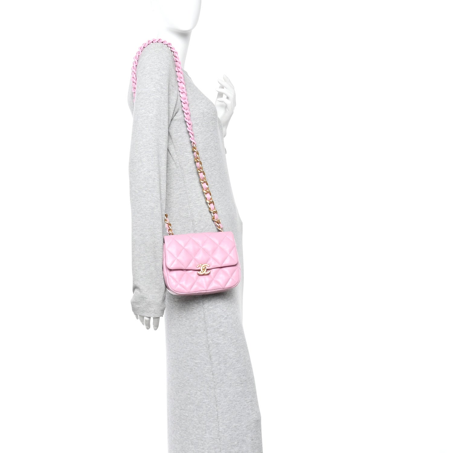 Lambskin Quilted Mini Lacquered Chain Flap Pink