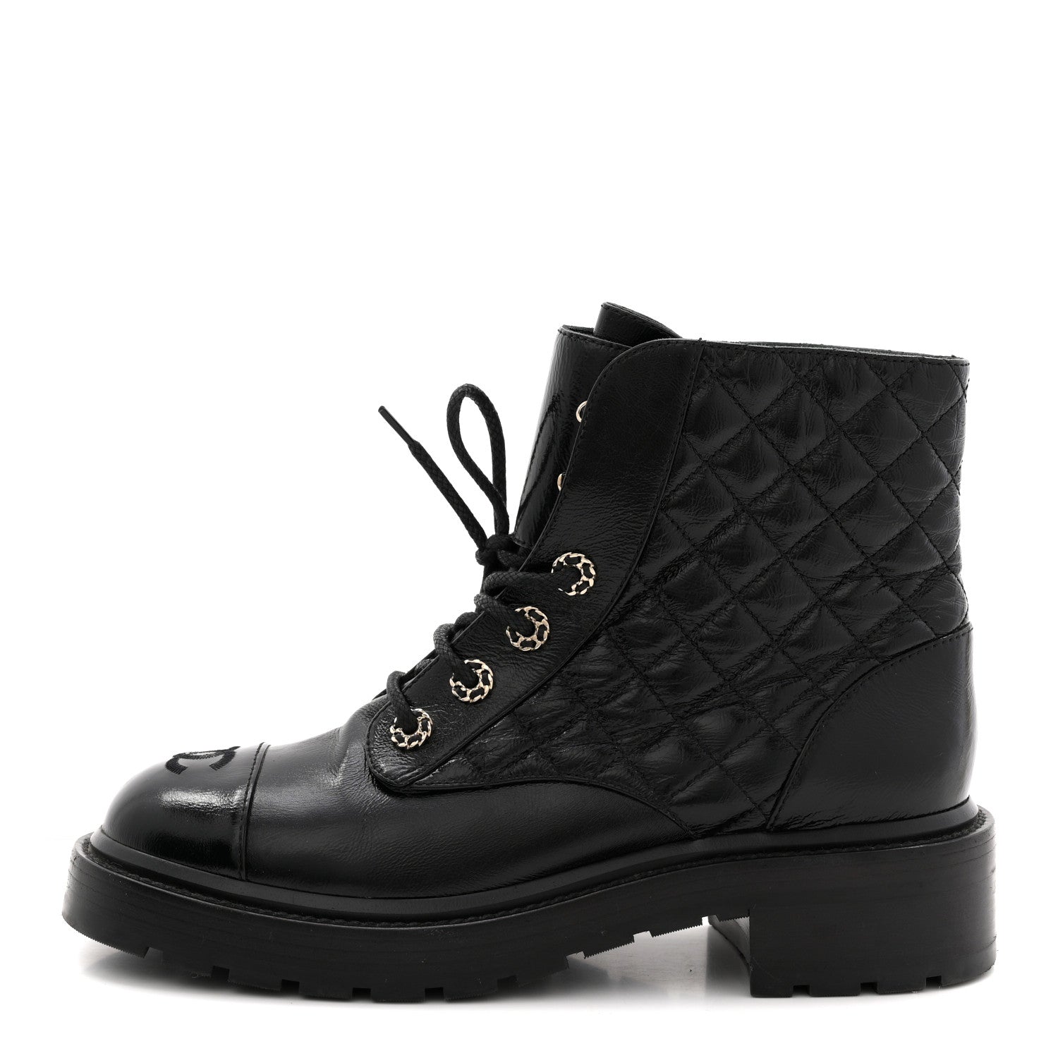 Shiny Goatskin Calfskin Quilted Lace Up Combat Boots 38.5 Black
