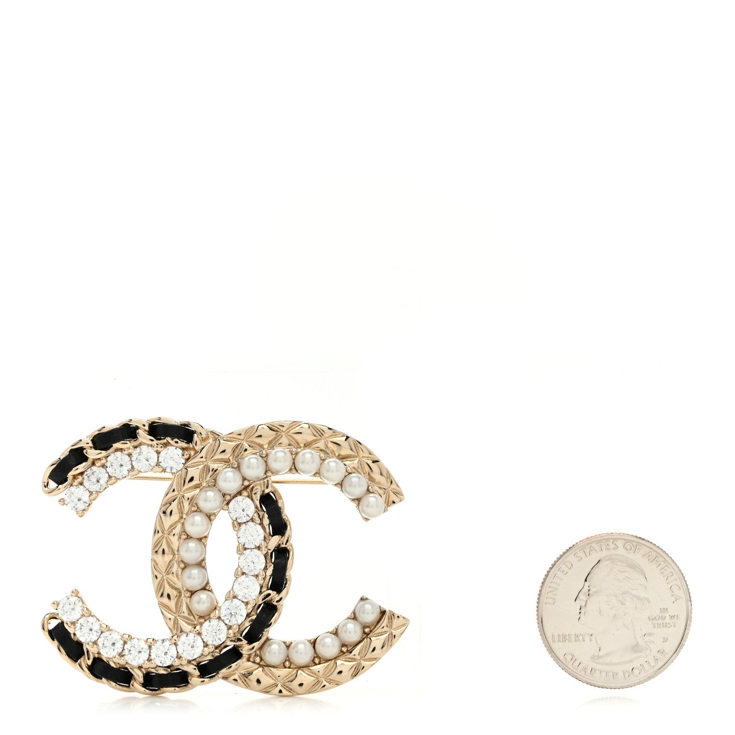 Lambskin Pearl Crystal Quilted CC Brooch Black Gold