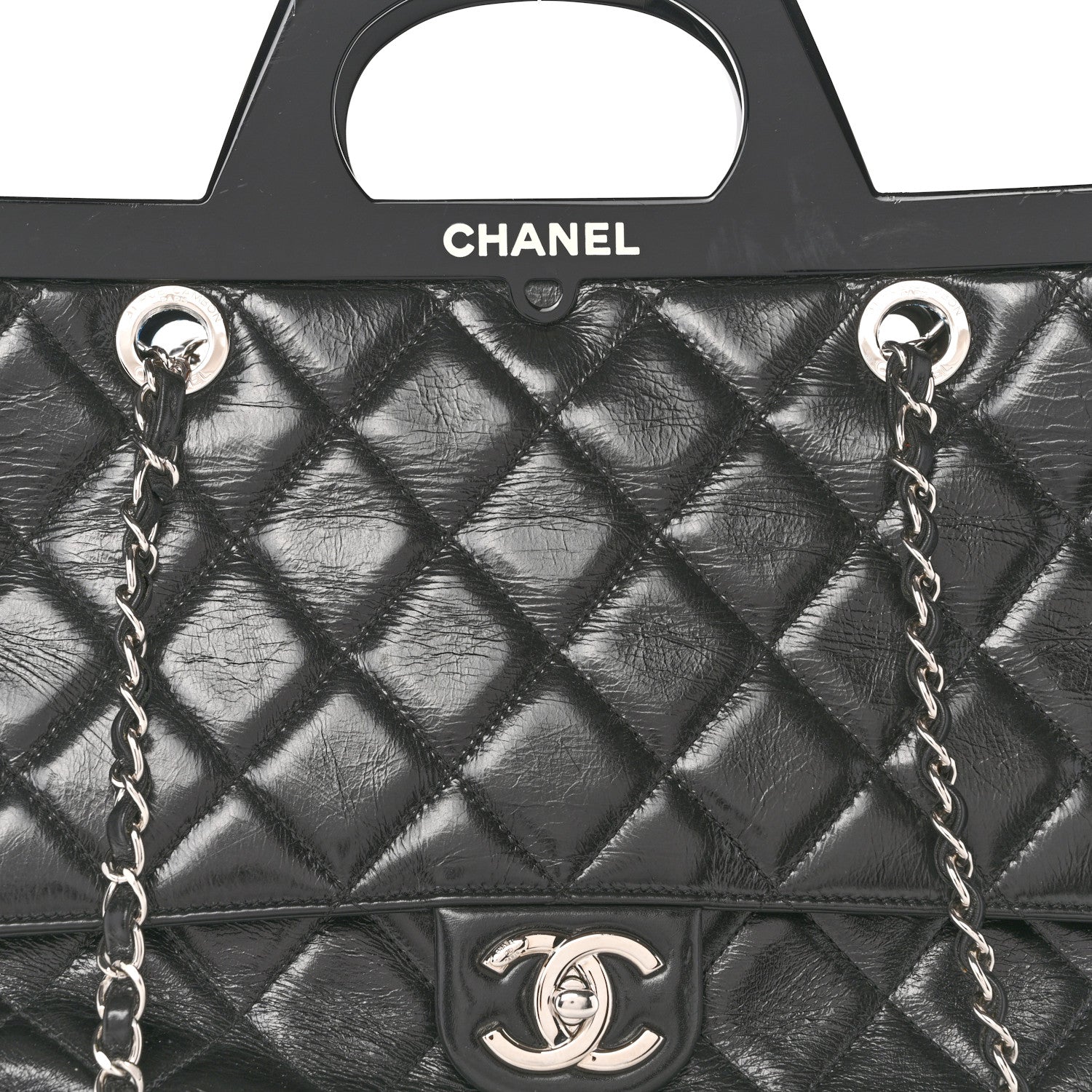 Glazed Calfskin Quilted Large CC Delivery Tote Black