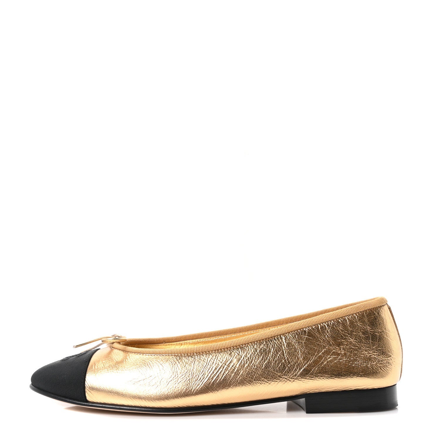 Laminated Crumpled Lambskin Grosgrain Cap Toe CC Ballerina Flats 39 Gold Black