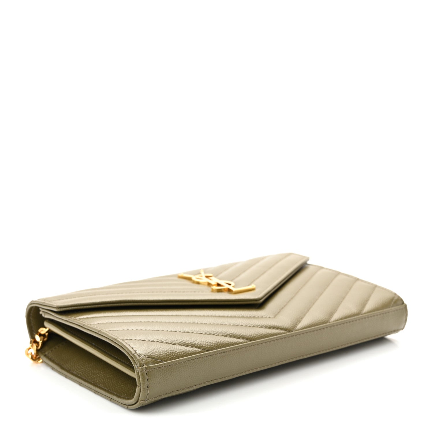 Grain De Poudre Matelasse Chevron Monogram Chain Wallet Vert Kaki