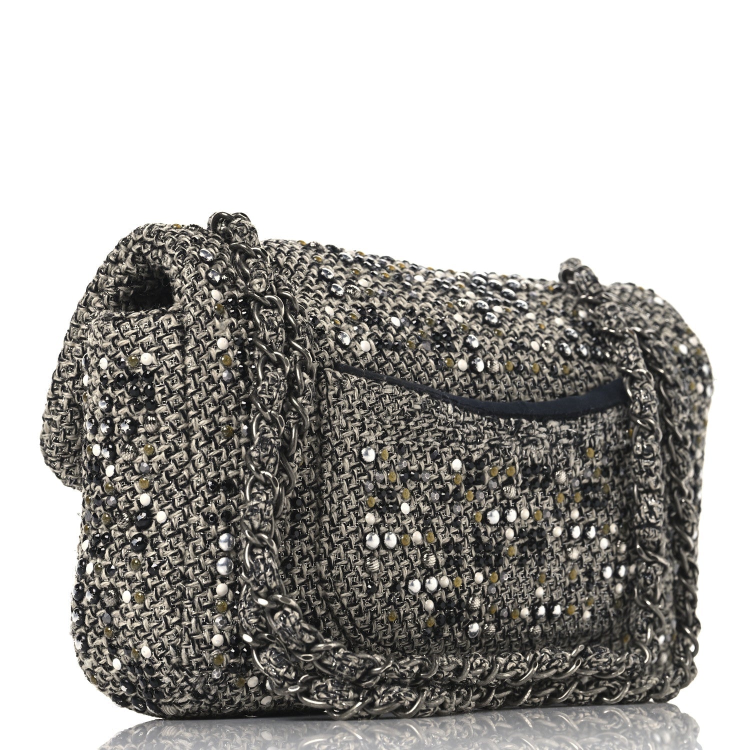Tweed Quilted Mini Side Pearl Flap Bag Grey