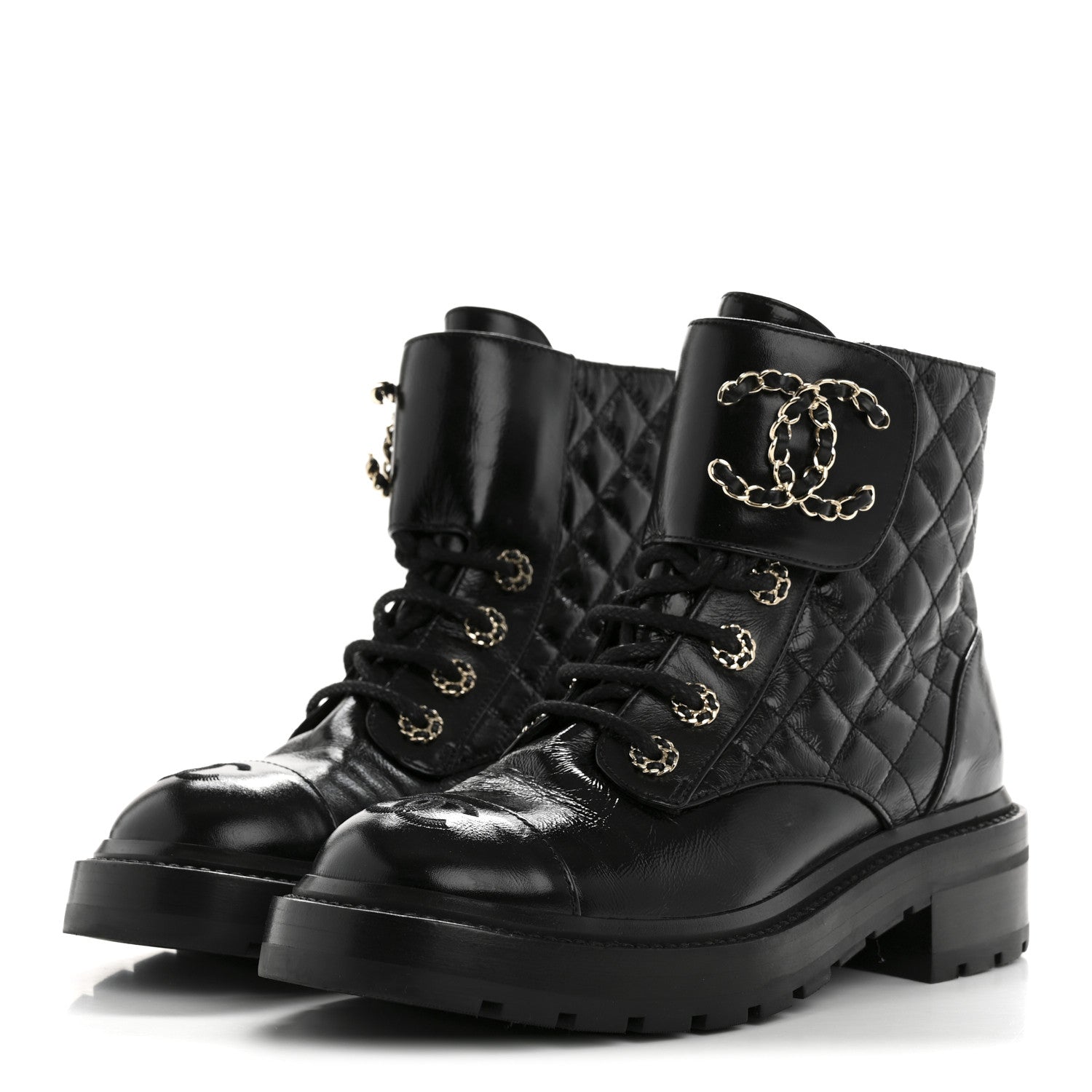 Shiny Lambskin Quilted Lace Up Combat Boots 37 Black