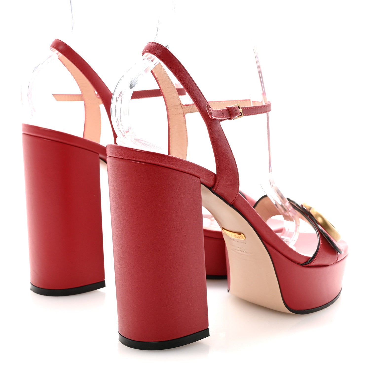 Calfskin GG Marmont Ankle Wrap 30/115mm Platform Sandals 38 Hibiscus Red