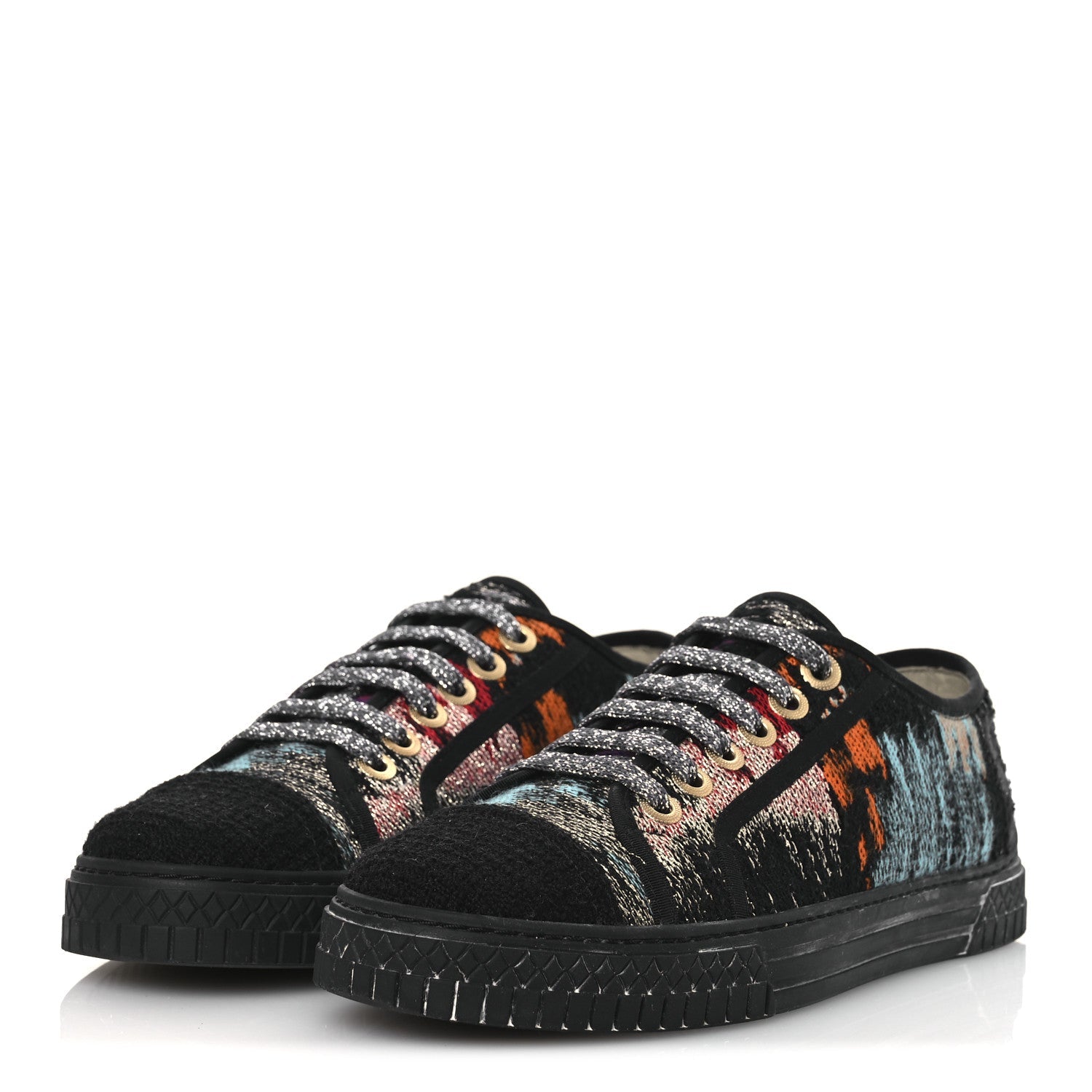 Metallic Tweed Low Top Sneakers 38 Black Multicolor