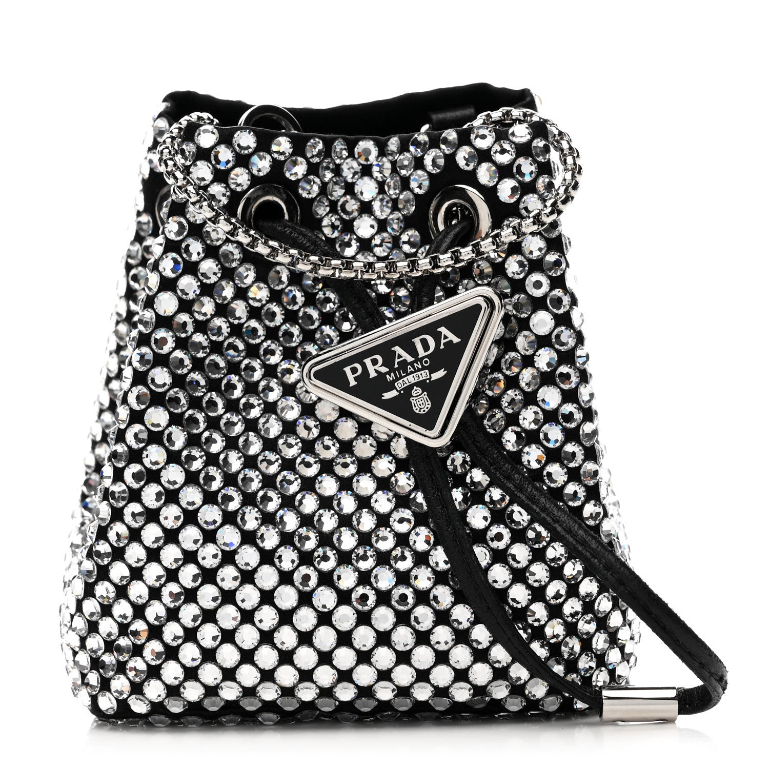 Satin Crystal Metal Triangle Logo Mini Drawcord Pouch Shoulder Bag Cristal