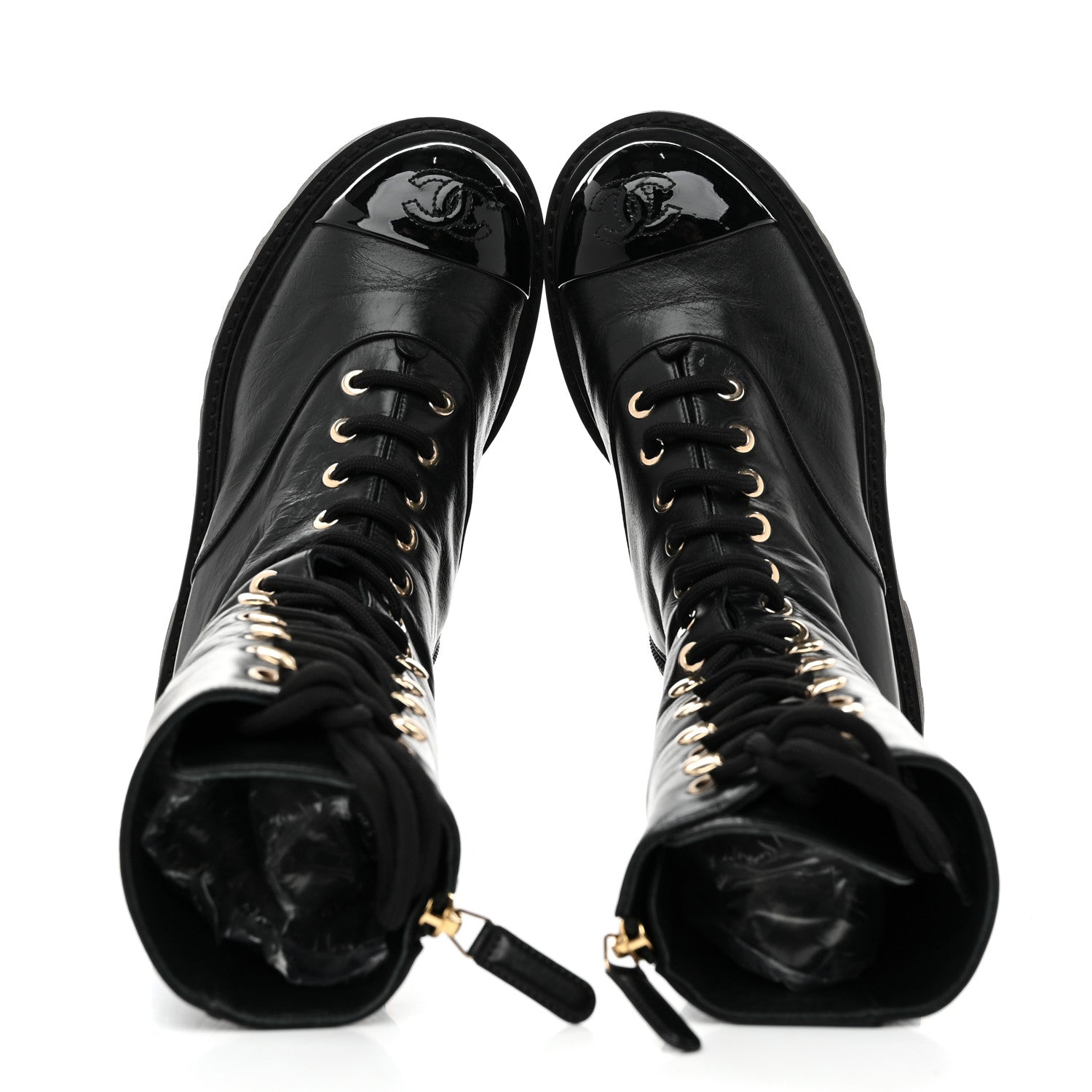 Crumpled Calfskin Patent Cap Toe Lace Up Combat Boots 35 Black