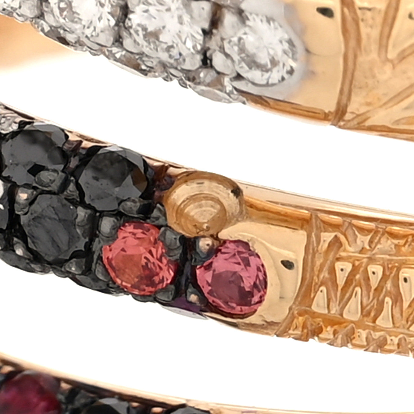 18K Yellow Gold Black Diamond Topaz Sapphire Diamond Ouroboros Snake Three-Row Ring 53 6.25