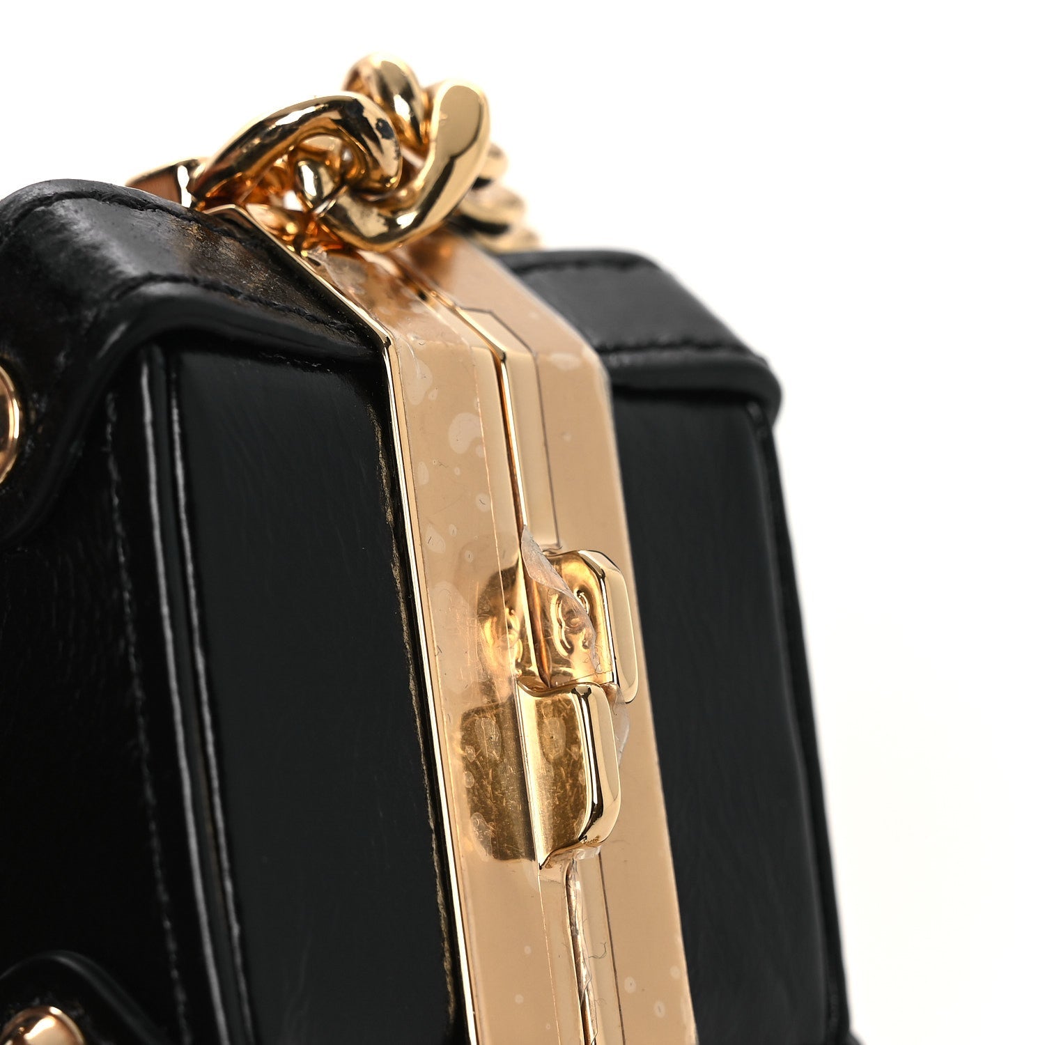 Shiny Crumpled Calfskin Minaudiere Clutch With Chain Black