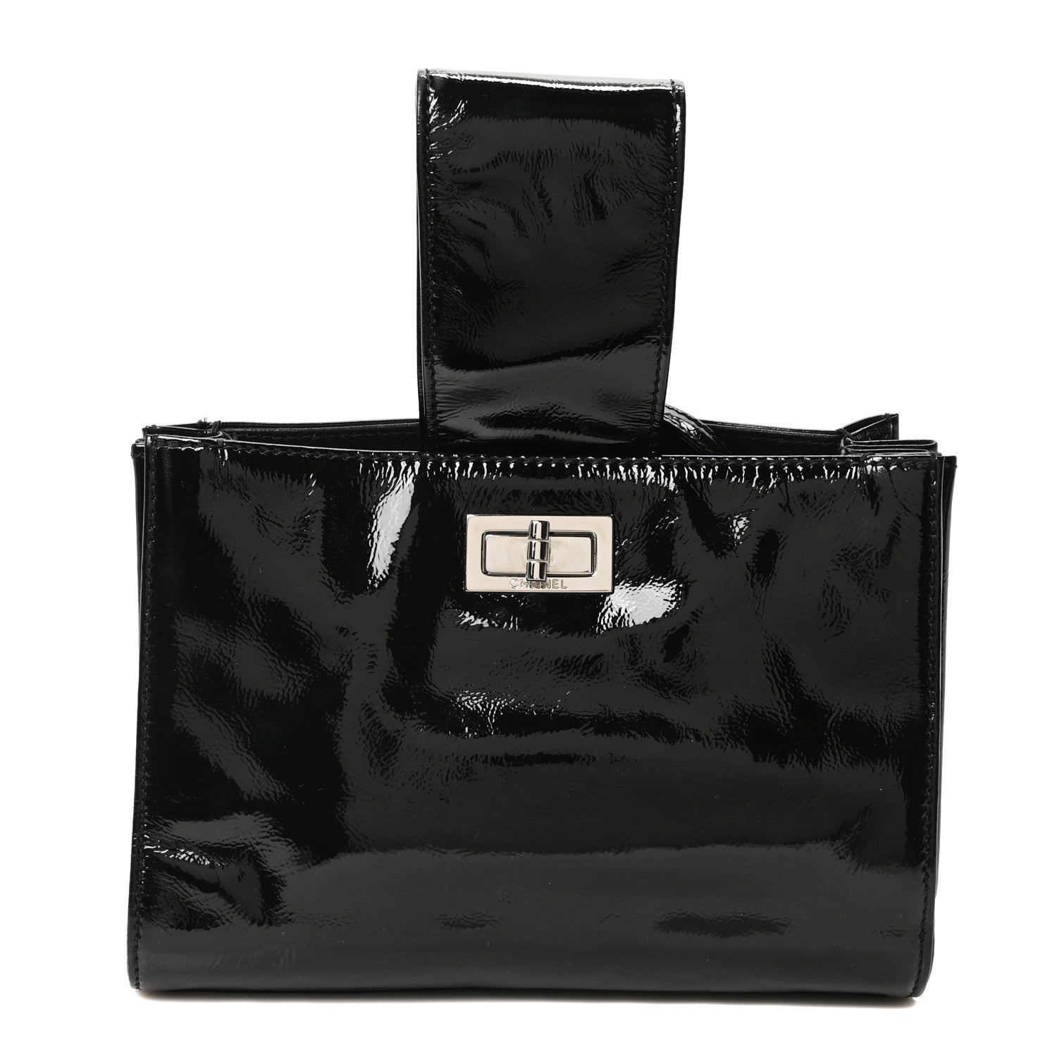 Patent Mademoiselle Lock Convertible Wrist Clutch Bag Black