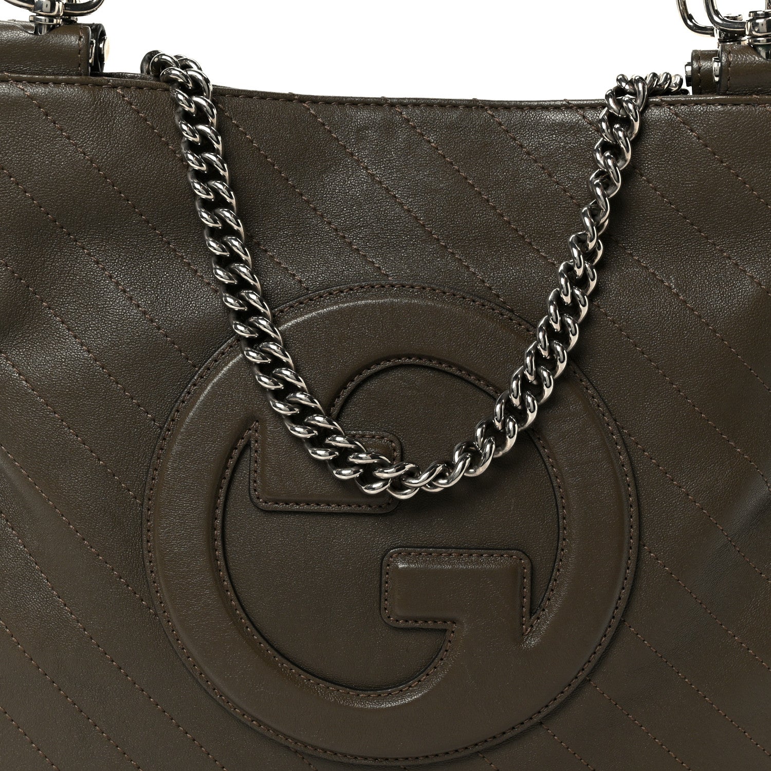 Sakai Be Green Calfskin Diagonal Stitched Small Blondie Tote Craclet Brown