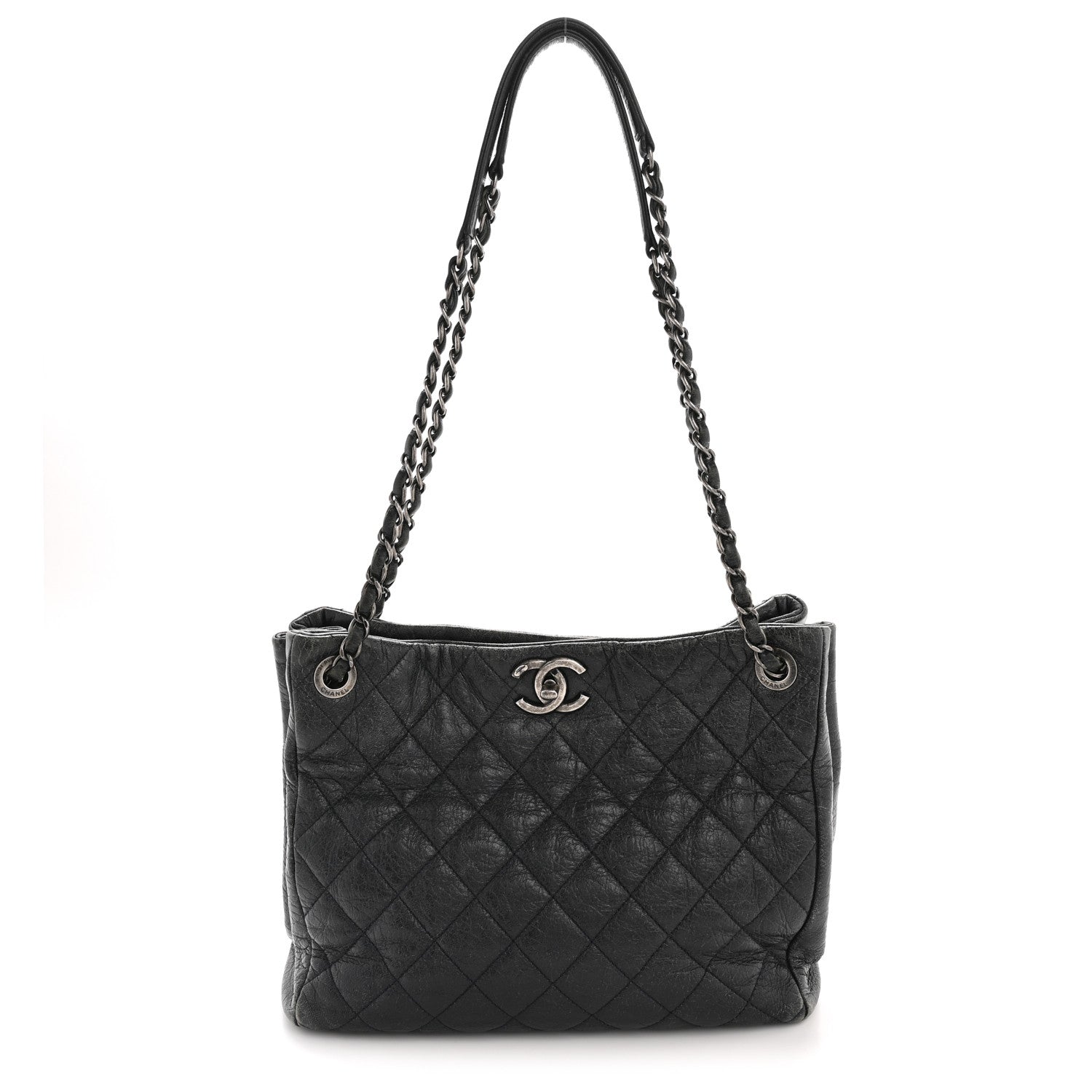 Glazed Calfskin Quilted Tote Navy