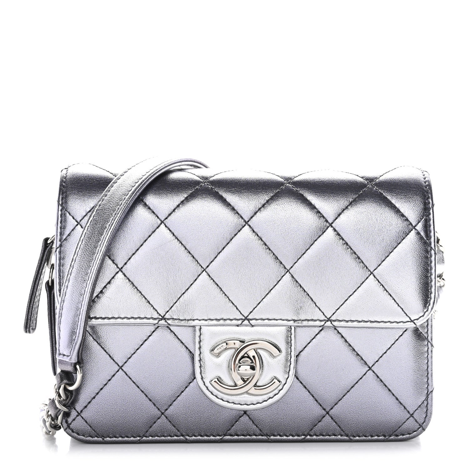 Metallic Lambskin Like A Wallet Flap Silvery Black