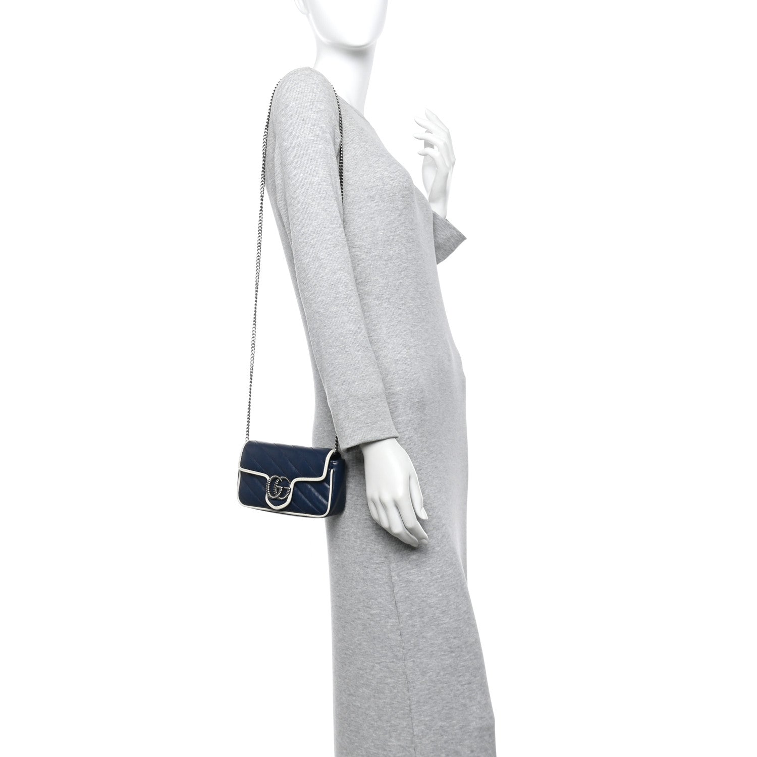 Vintage Effect Calfskin Matelasse Diagonal Super Mini Torchon GG Marmont Shoulder Bag Blue Agata Mystic White