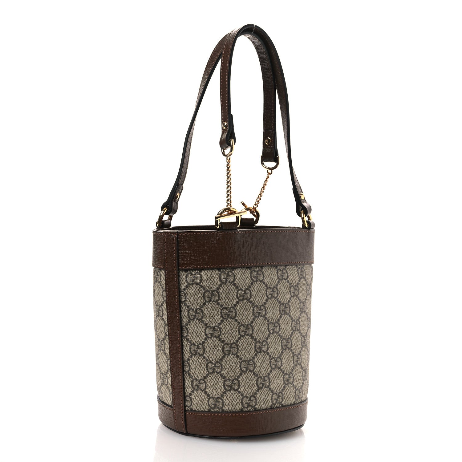 GG Supreme Monogram Azalea Sakai Calfskin Small Horsebit 1955 Drawstring Bucket Bag Beige Ebony Brown Sugar