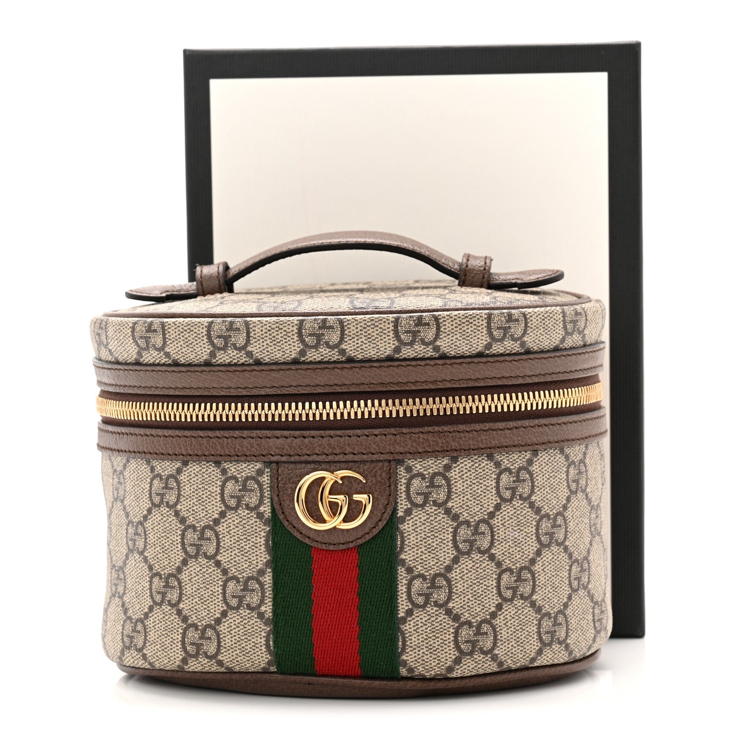 GG Supreme Monogram Textured Calfskin Web Ophidia Vanity Cosmetic Case Beige Ebony New Acero