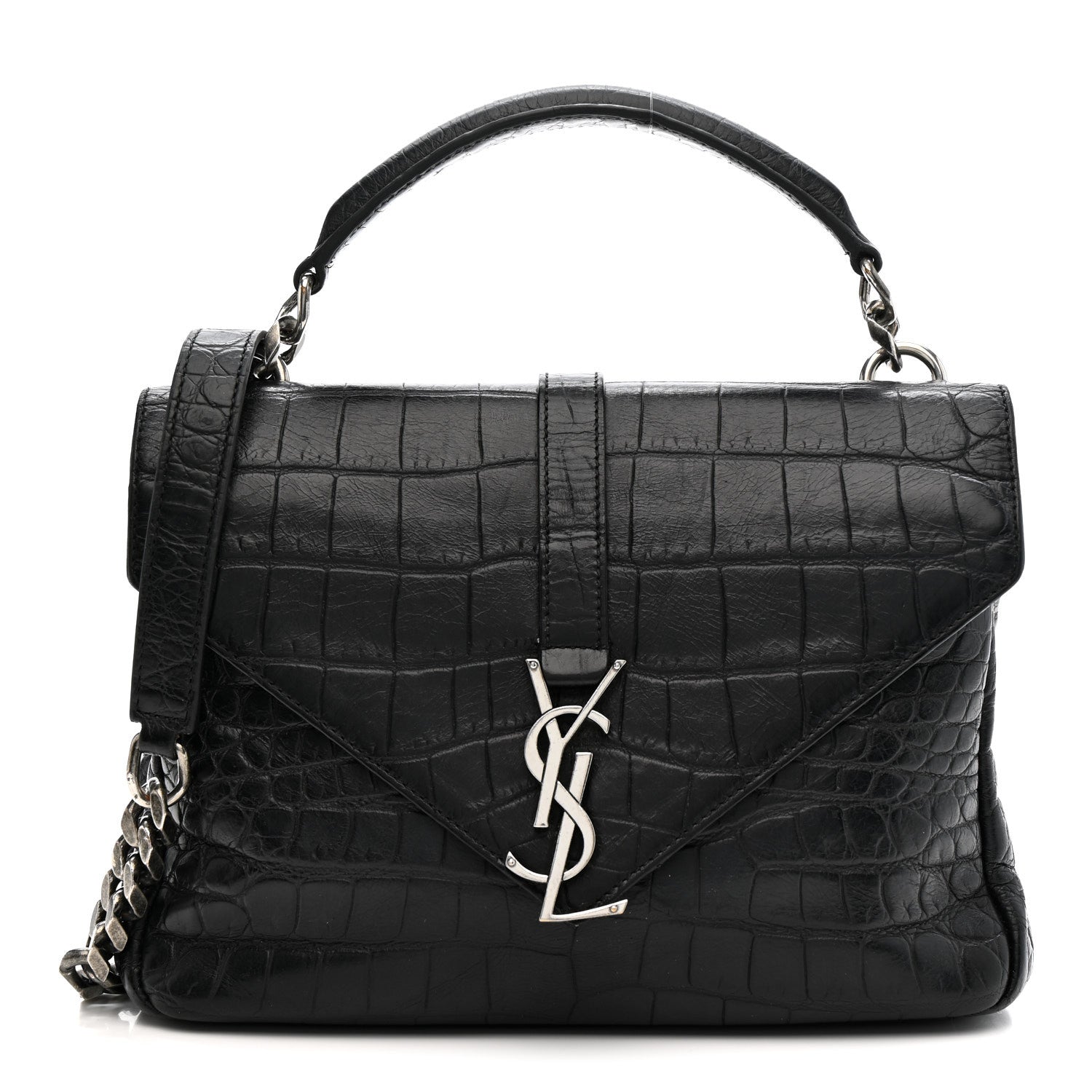 Calfskin Crocodile Embossed Medium College Monogram Satchel Black