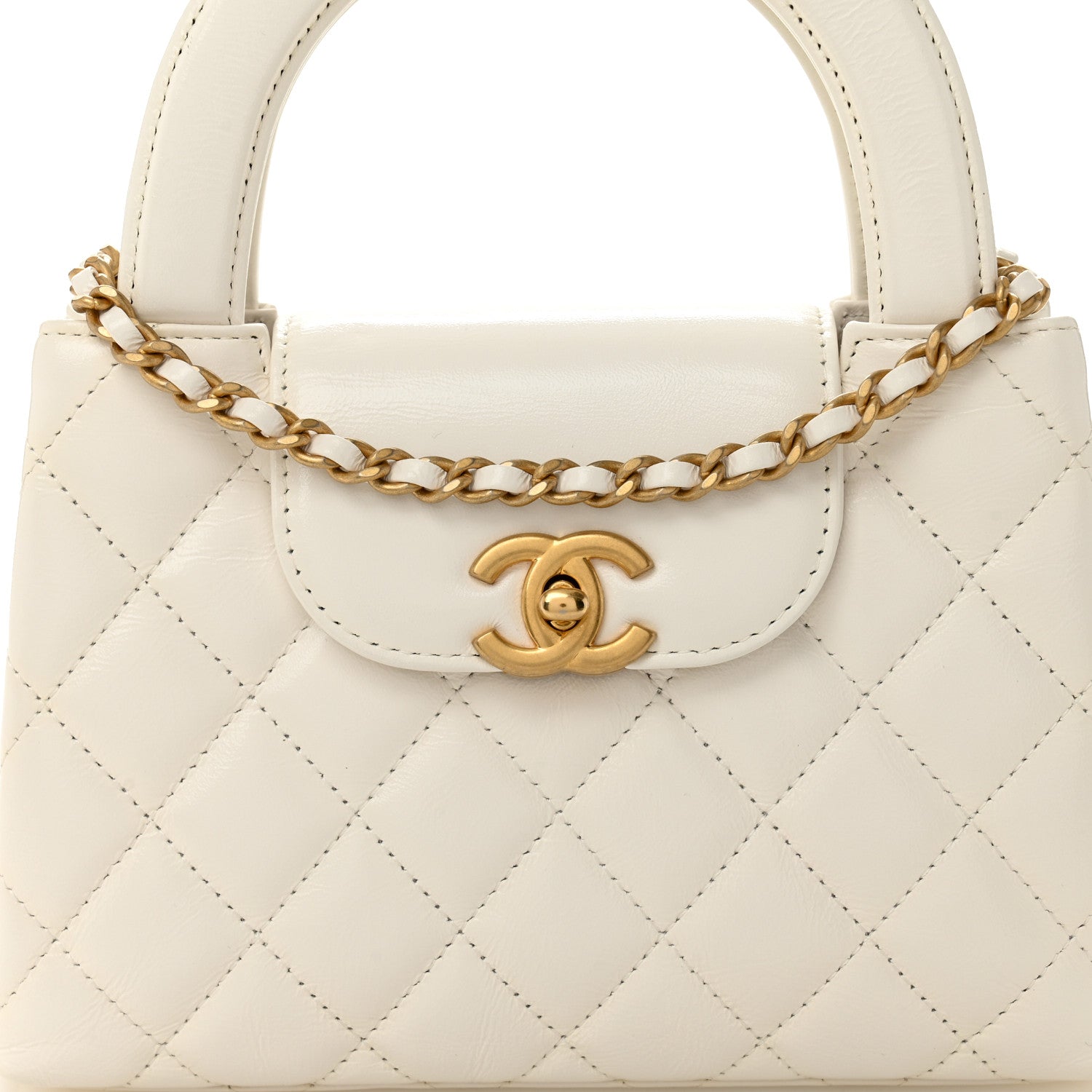 Shiny Aged Calfskin Quilted Nano Kelly Shopper White