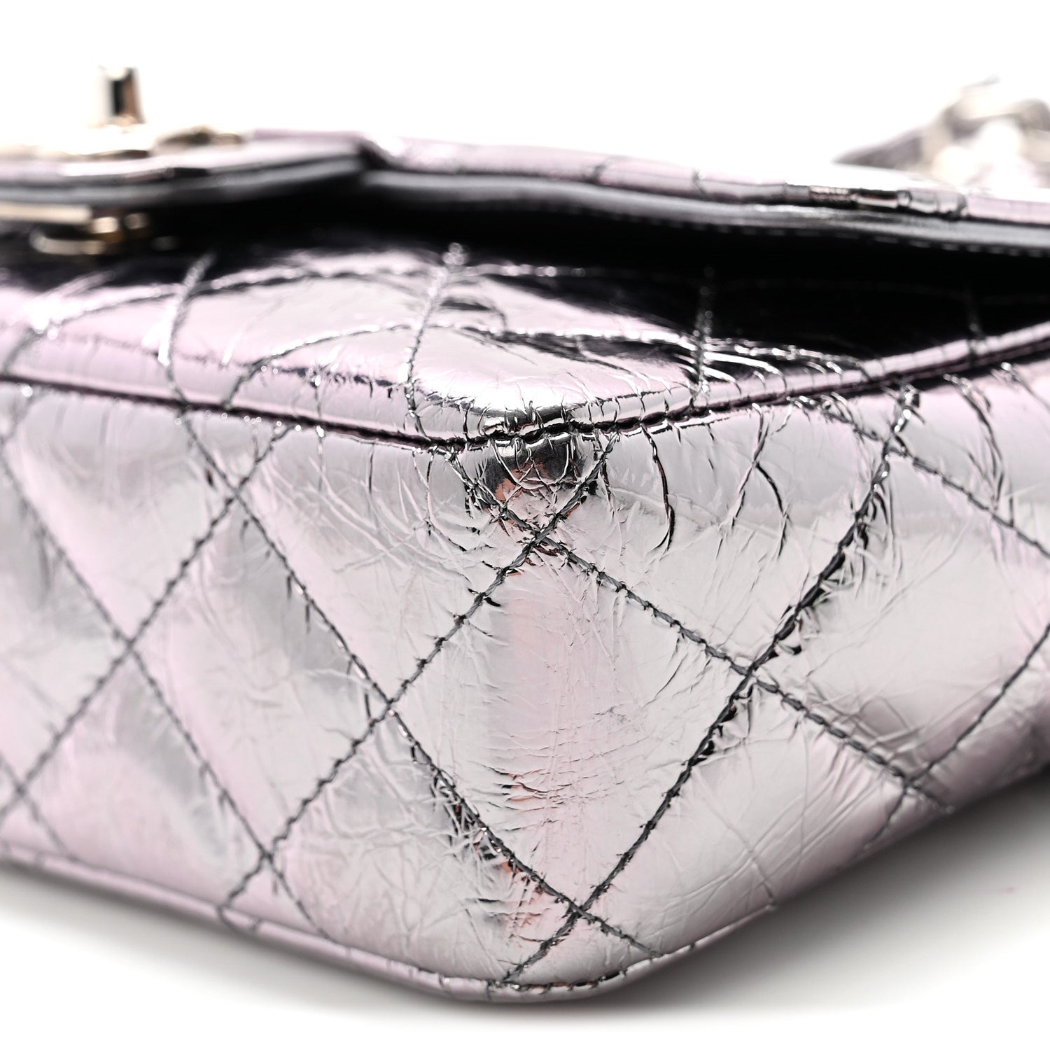 Crumpled Metallic Calfskin Quilted Ring Handle Mini Flap Silver