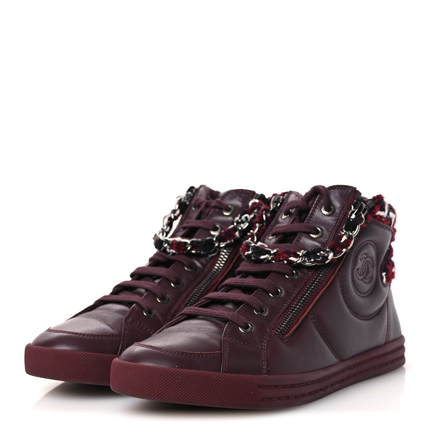 Lambskin Zipped Chain CC Sneakers 38.5 Burgundy