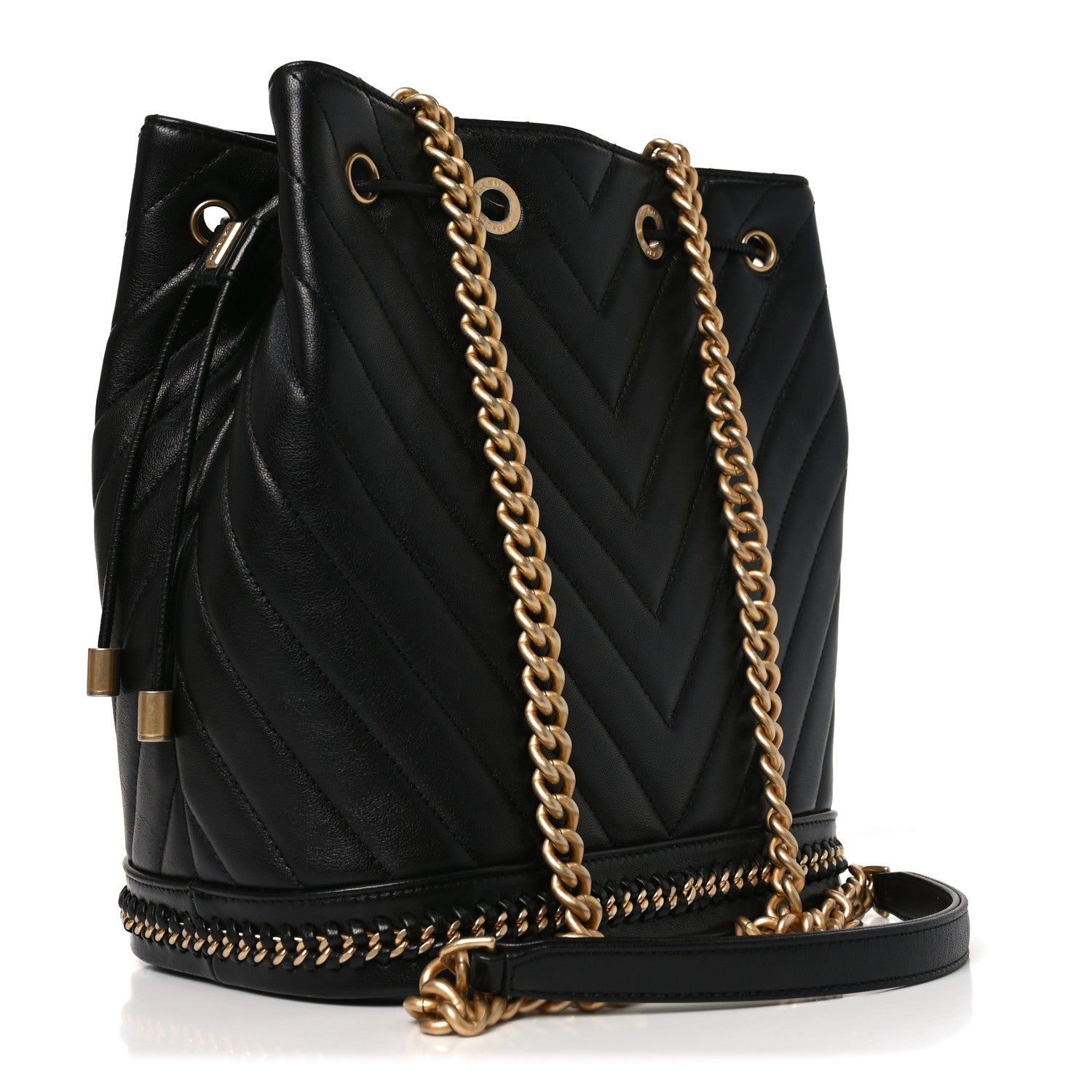 Sheepskin Chevron Quilted Drawstring Bag Black