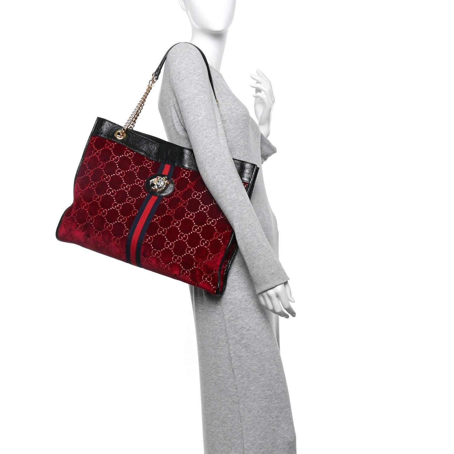 Velvet GG Monogram Large Rajah Chain Tote Red Cipria Black