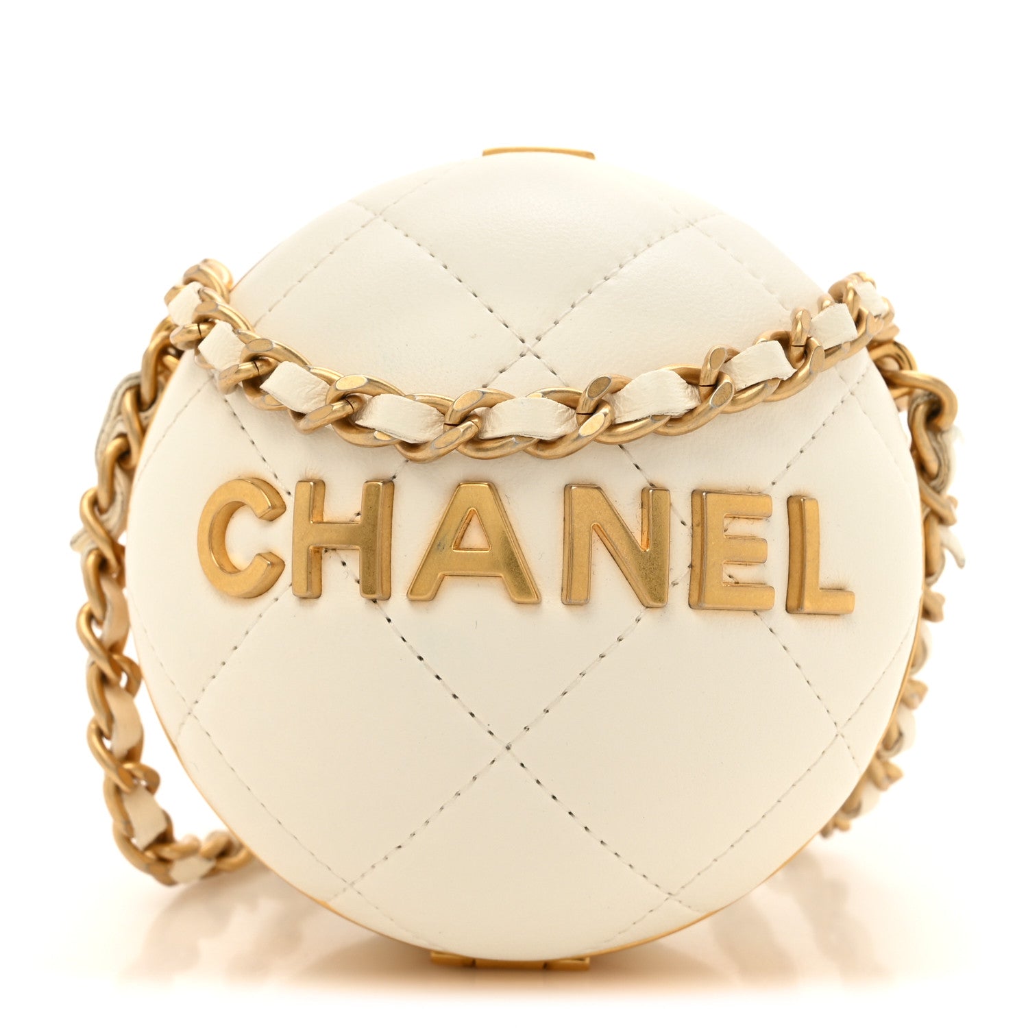 Lambskin Quilted Sphere Minaudiere Chain Clutch White