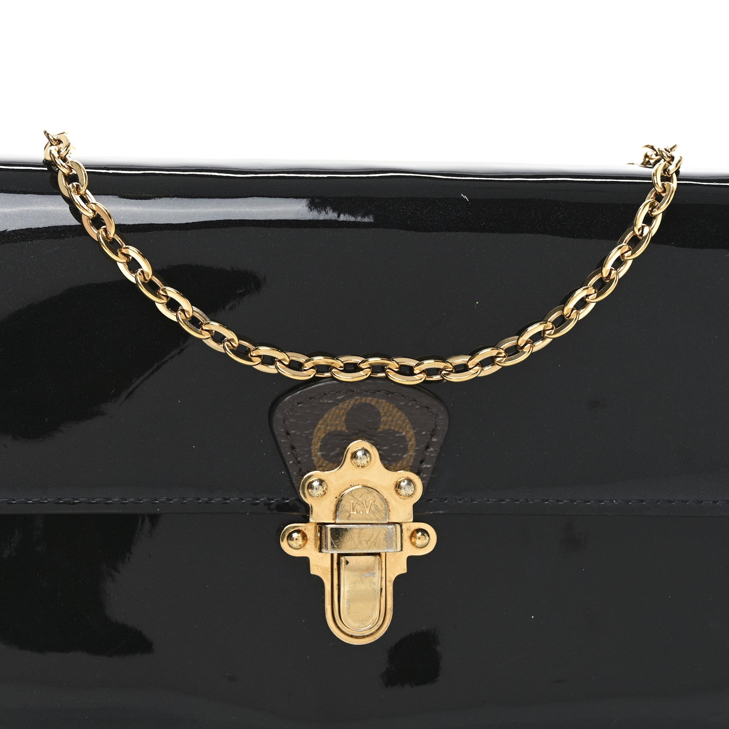 Patent Calfskin Monogram Cherrywood Chain Wallet Black