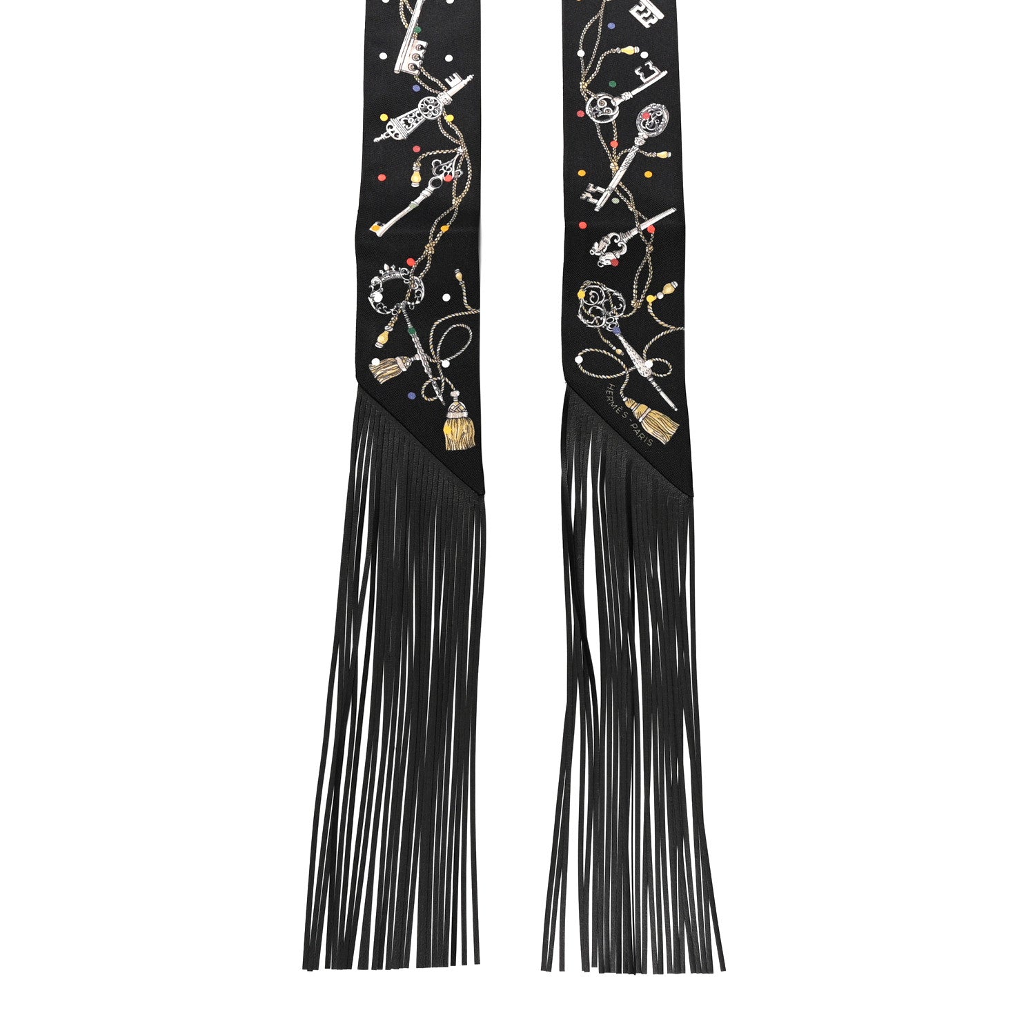 Silk Calfskin Les Cles A Pois Fringed Twilly Black Mordore White