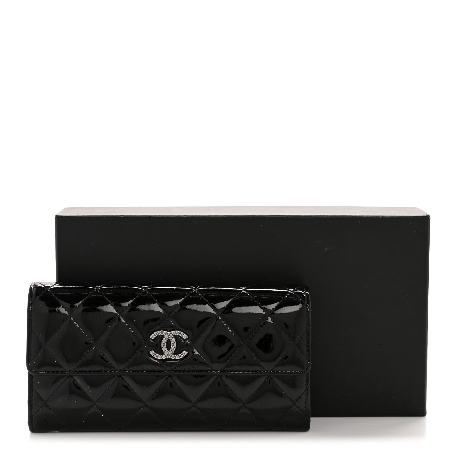 Patent Quilted Large Brilliant Flap Wallet Black