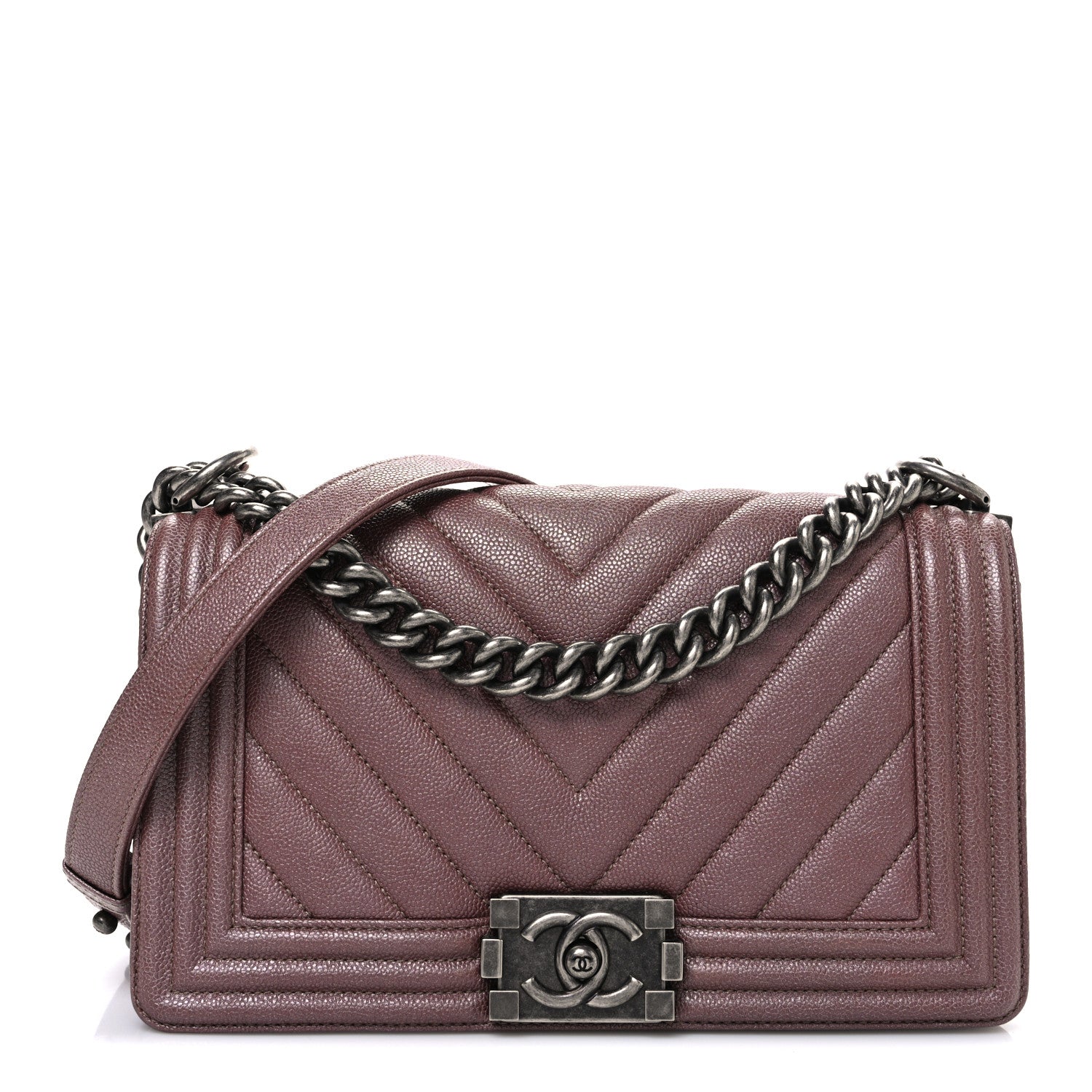 Metallic Caviar Chevron Quilted Medium Boy Flap Dark Pink