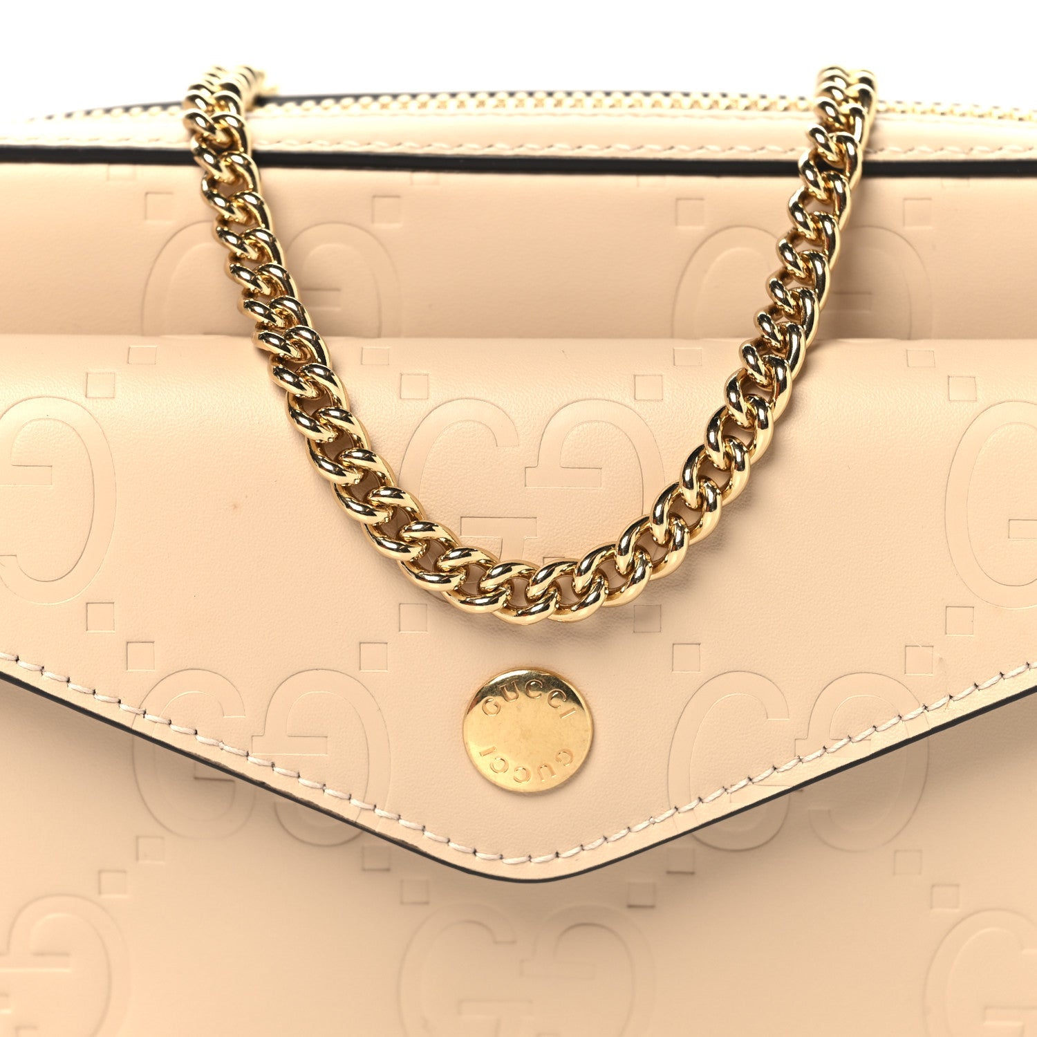 Calfskin GG Super Mini Debossed Chain Wallet Light Beige