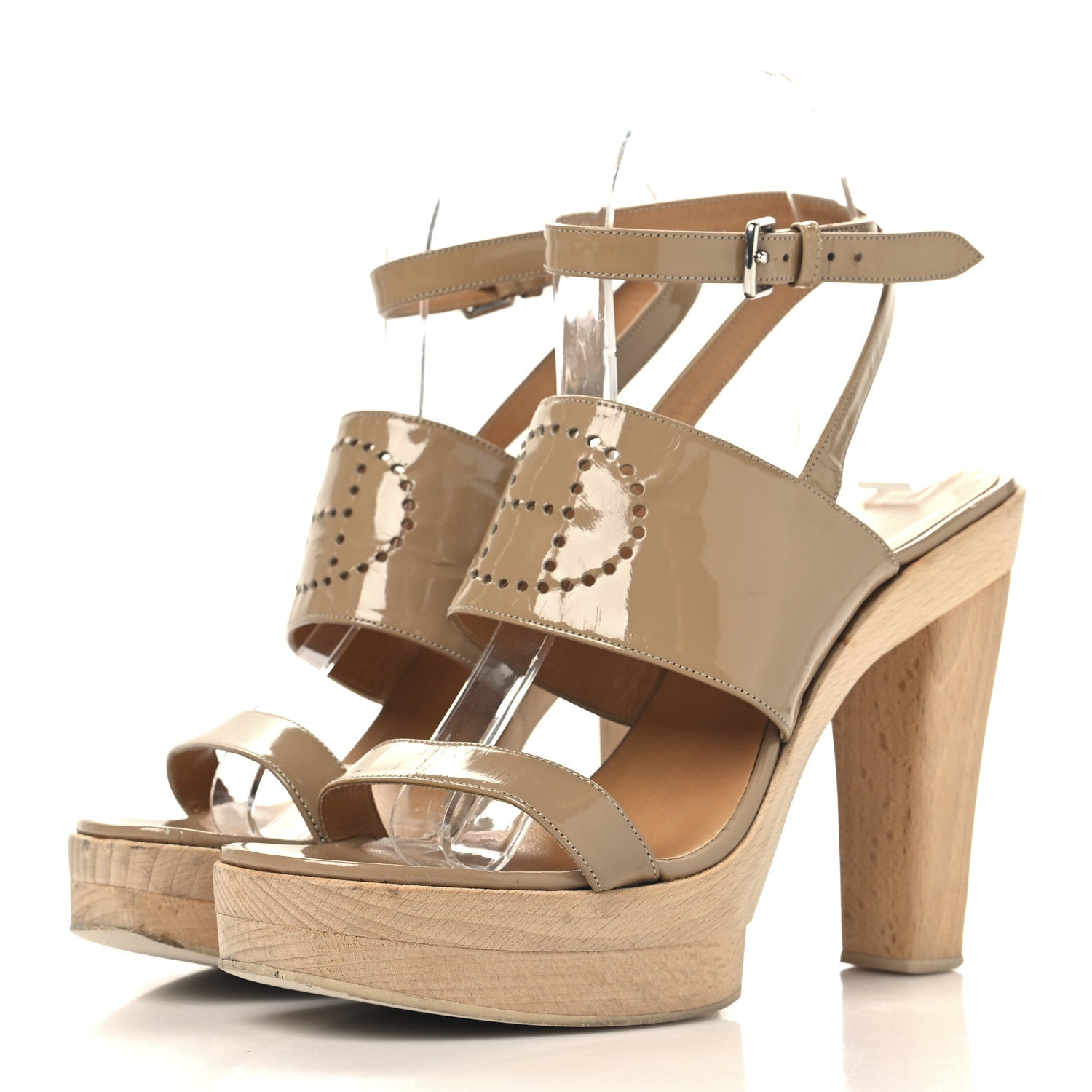 Patent Calfskin Perforated H Platform Sandals 37 Beige