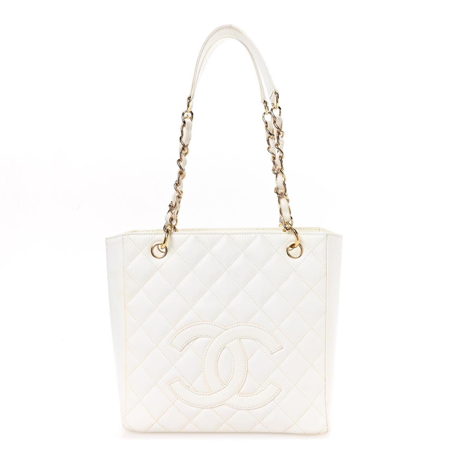 Caviar Quilted Petit Shopping Tote PST White