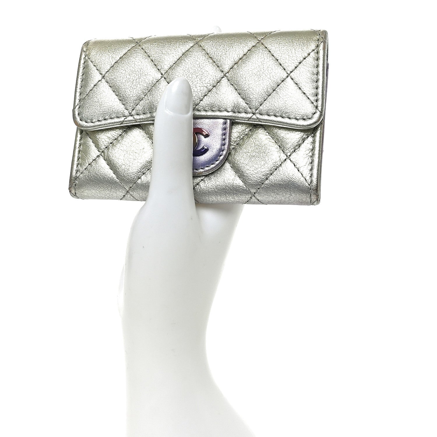 Gradient Metallic Calfskin Quilted Flap Card Holder Wallet Silver Blue Yellow Purple