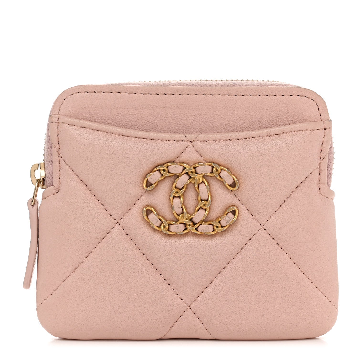 Quilted Chanel 19 Zip Card Holder Wallet Light Pink